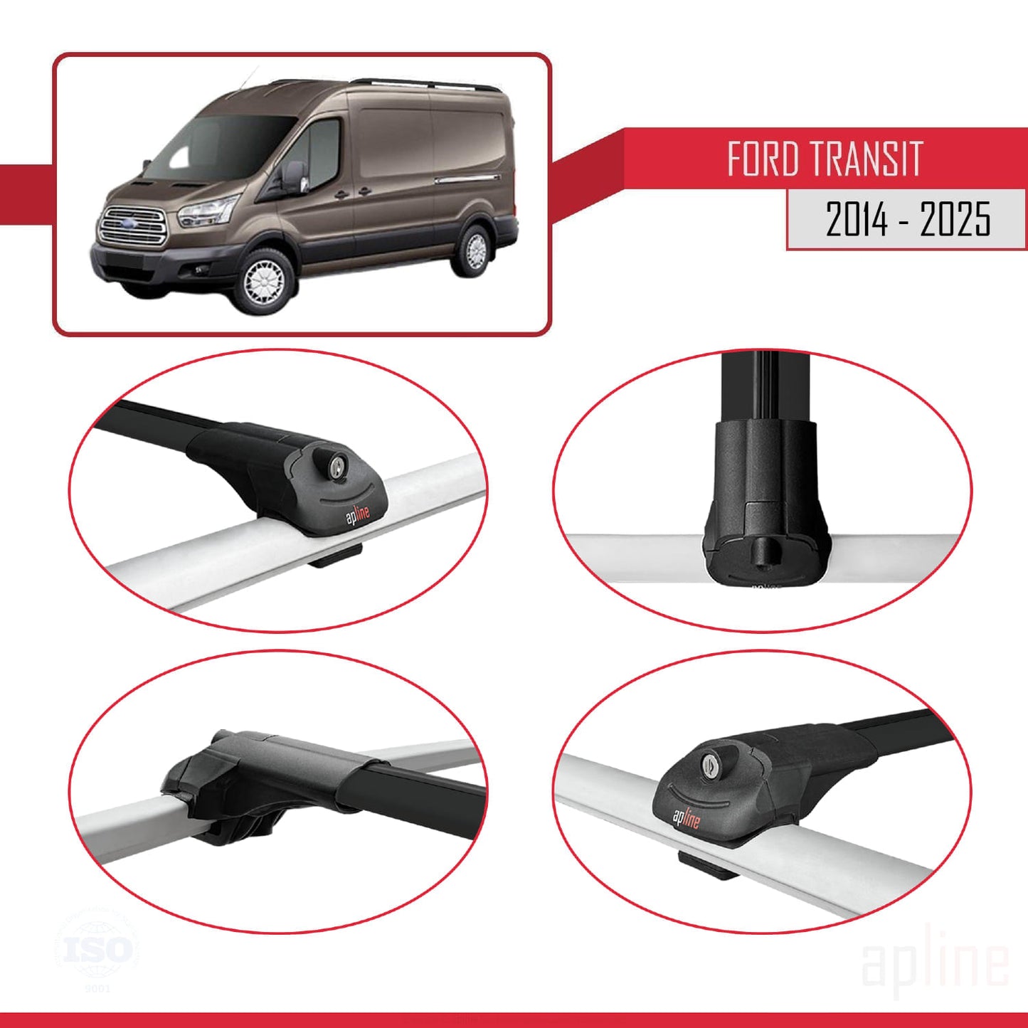 Kompatibel mit Ford Transit 2014-2025 ACE-1 Dachgepäckträger, Reling, Gepäckträger, schwarzes Aluminium, 4 Stangen