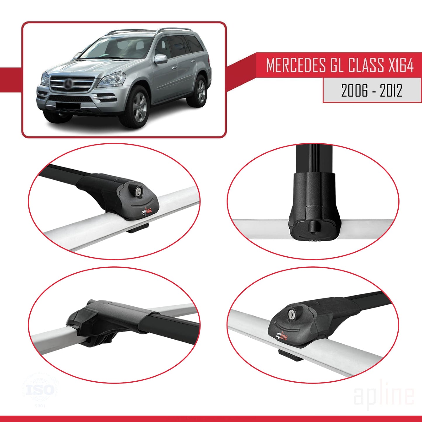 Compatible avec Mercedes Classe GL (X164) 2006-2012 ACE-1 Barres de Toit Railing Porte-Bagages de Voiture Noir Aluminium 3 Barres