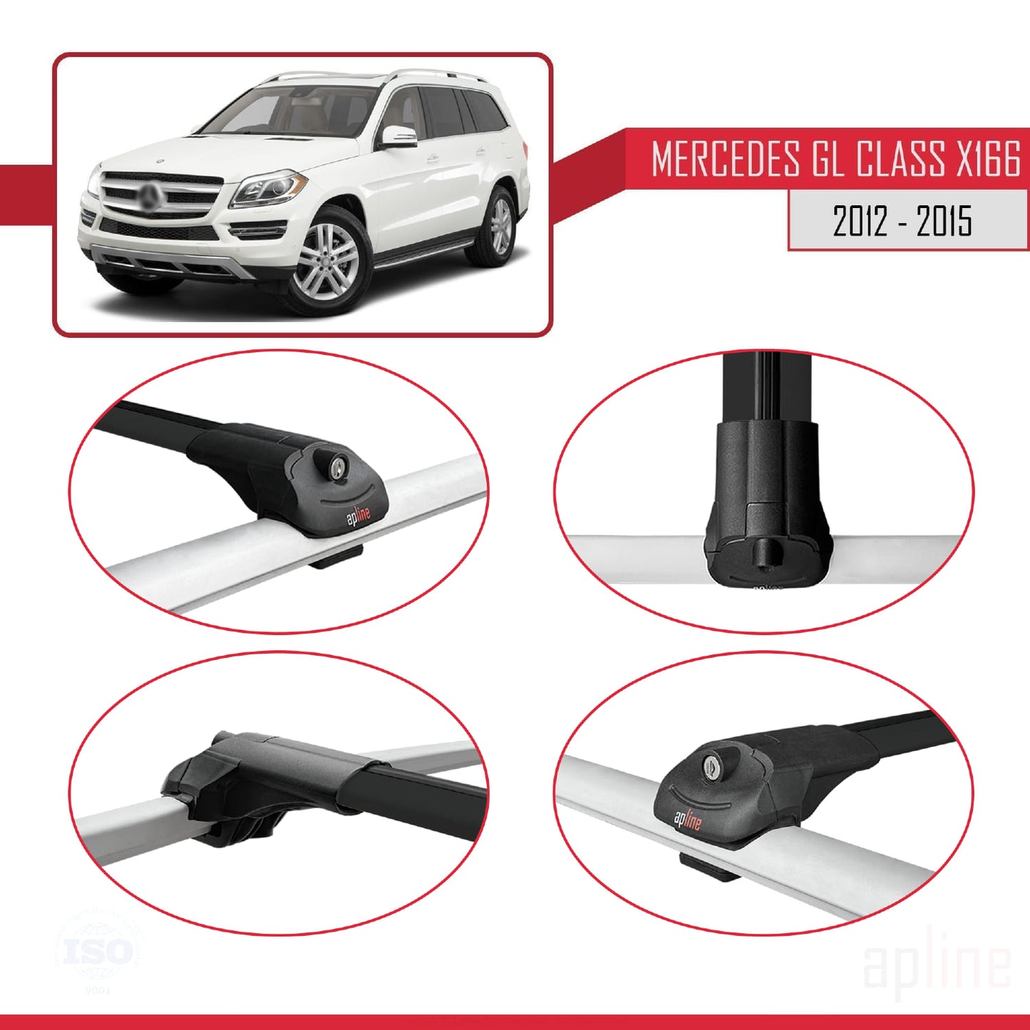 Compatible with Mercedes GL Class 2 (X166) Pre-Facelift 2013-2015 ACE-1 Car Roof Rack Cross Bar Black Aluminium 3 Bars