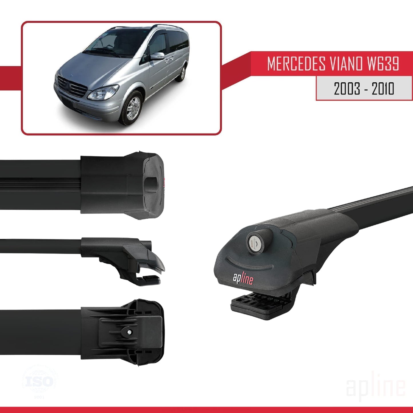 Compatible with Mercedes Viano 2 (W639) Pre-Facelift 2003-2010 ACE-1 Car Roof Rack Cross Bar Black Aluminium 3 Bars
