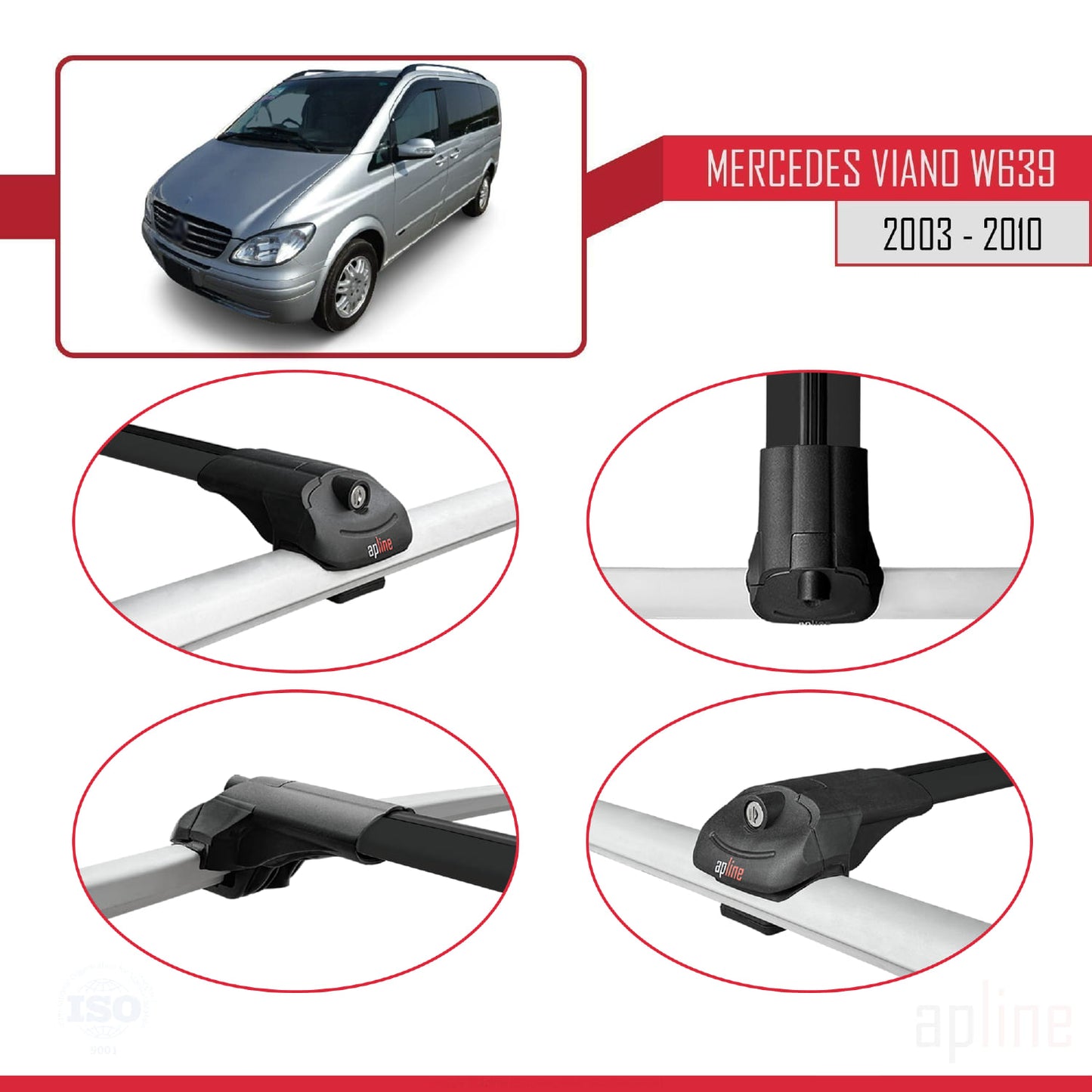 Compatible with Mercedes Viano 2 (W639) Pre-Facelift 2003-2010 ACE-1 Car Roof Rack Cross Bar Black Aluminium 4 Bars