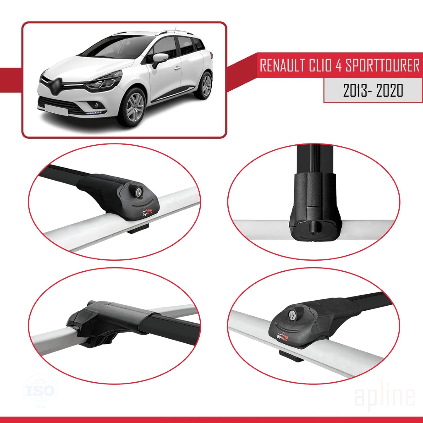 Compatible avec Renault Clio 4 ST 2013-2020 ACE-1 Barres de Toit Railing Porte-Bagages de Voiture Noir Aluminium 3 Barres
