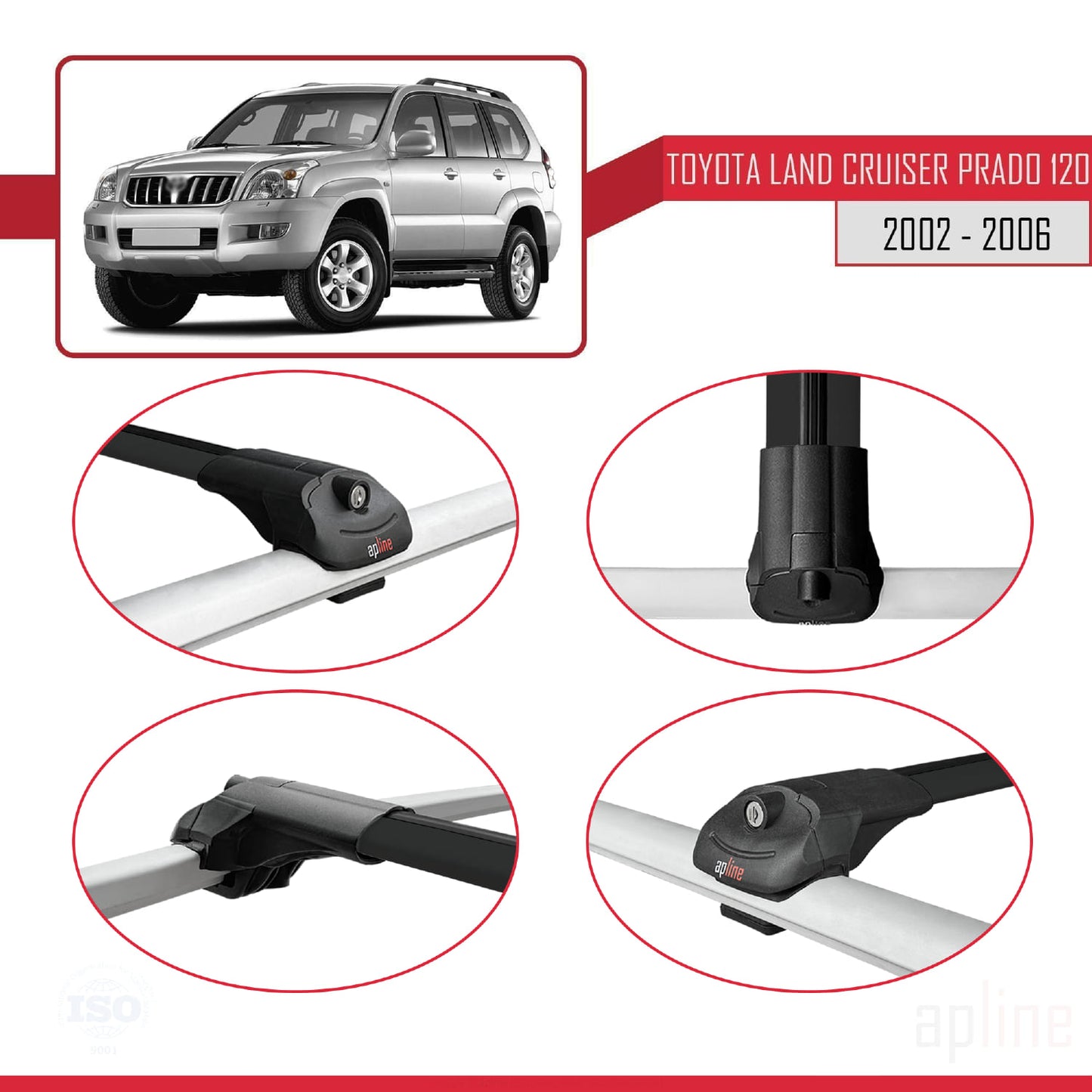 Compatible avec Toyota Land Cruiser Prado (J120) 2002-2006 ACE-1 Barres de Toit Railing Porte-Bagages de Voiture Noir Aluminium 2 Barres