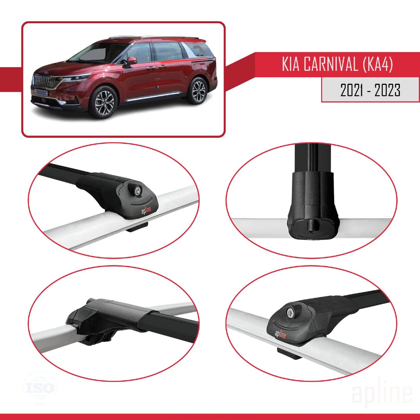 Compatible avec Kia Carnival 4 (KA4) 2021-2023 ACE-1 Barres de Toit Railing Porte-Bagages de Voiture Noir Aluminium 3 Barres