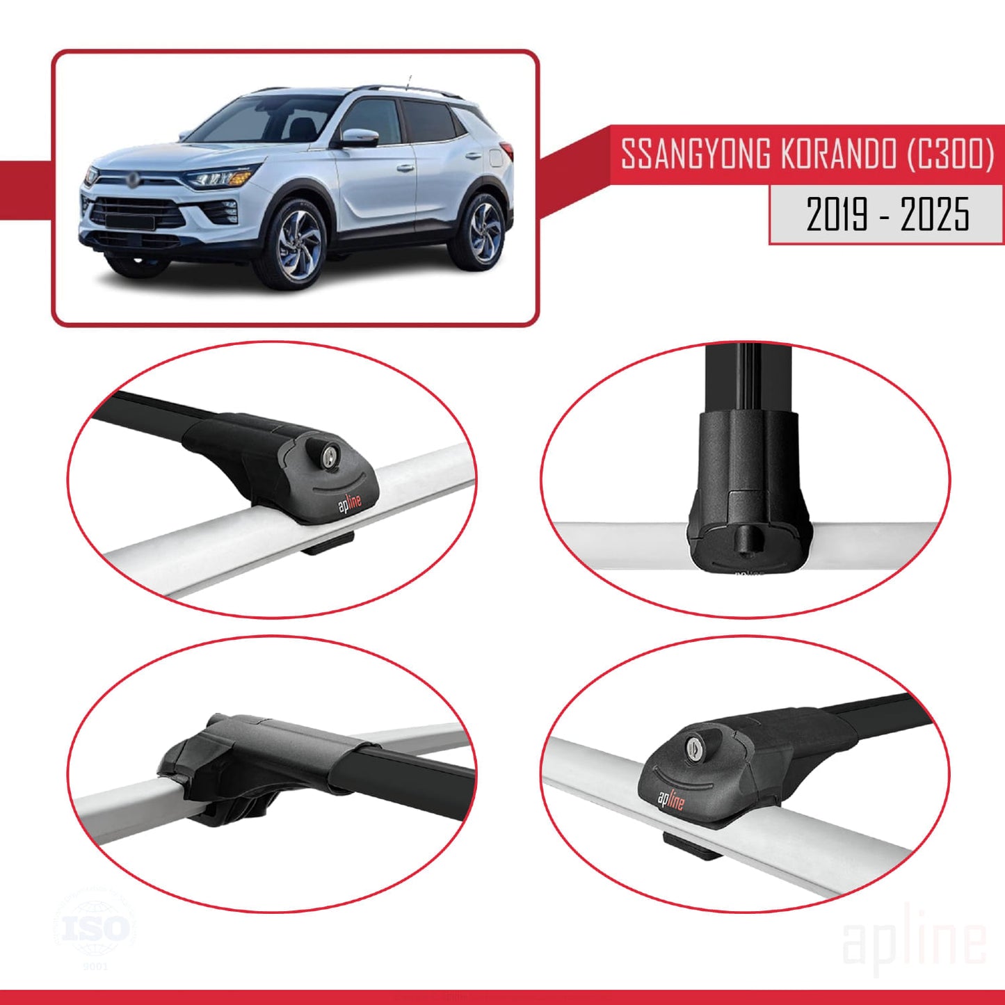 Compatible avec Ssangyong Korando 4 (C300) 2019-2025 ACE-1 Barres de Toit Railing Porte-Bagages de Voiture Noir Aluminium 2 Barres