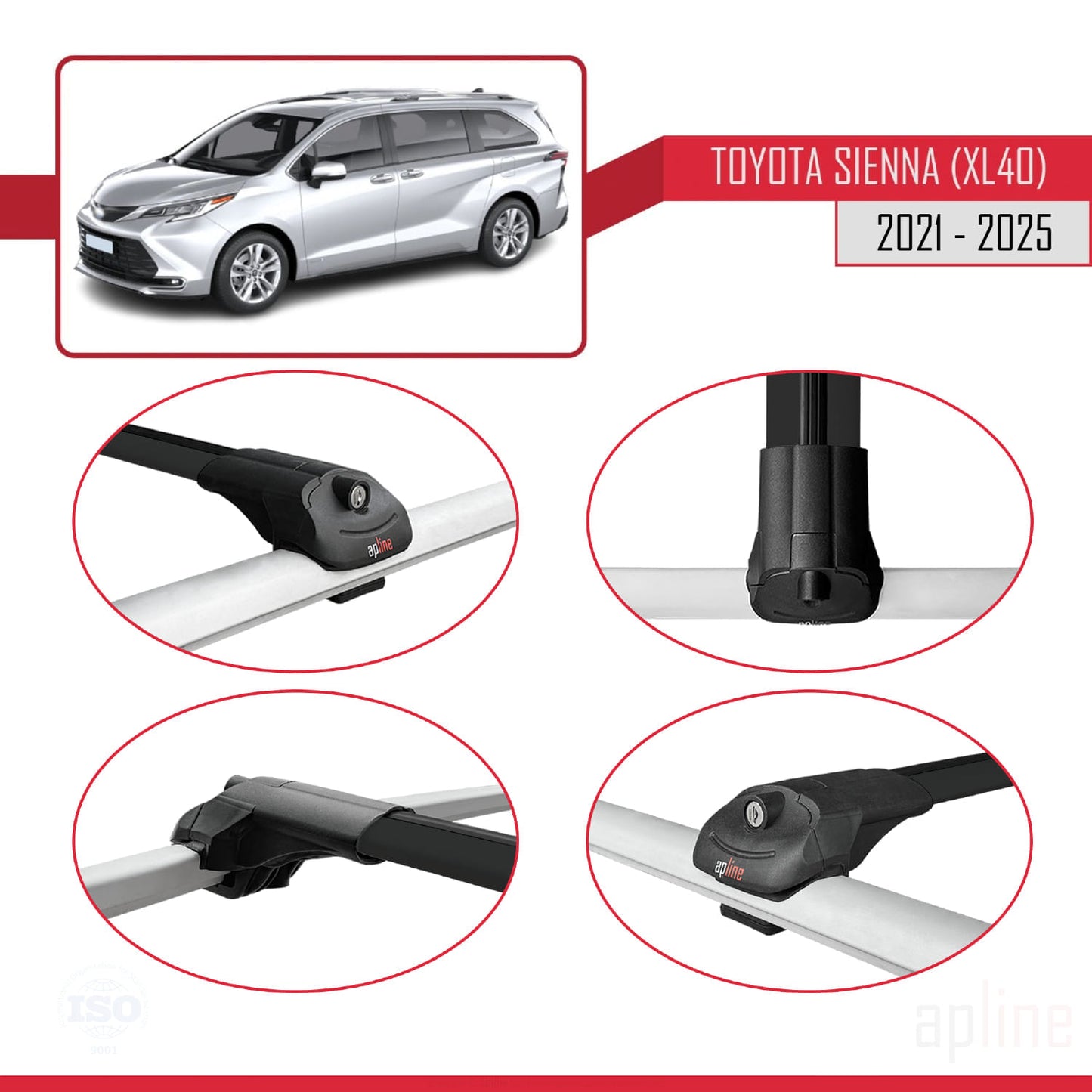 Compatible avec Toyota Sienna 4 (XL40) 2021-2025 ACE-1 Barres de Toit Railing Porte-Bagages de Voiture Noir Aluminium 2 Barres