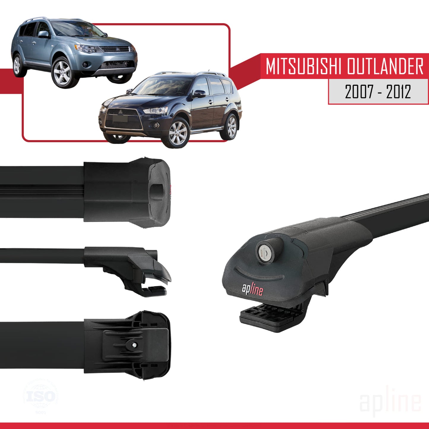 Compatible avec Mitsubishi Outlander 2 2007-2012 ACE-1 Barres de Toit Railing Porte-Bagages de Voiture Noir Aluminium 3 Barres