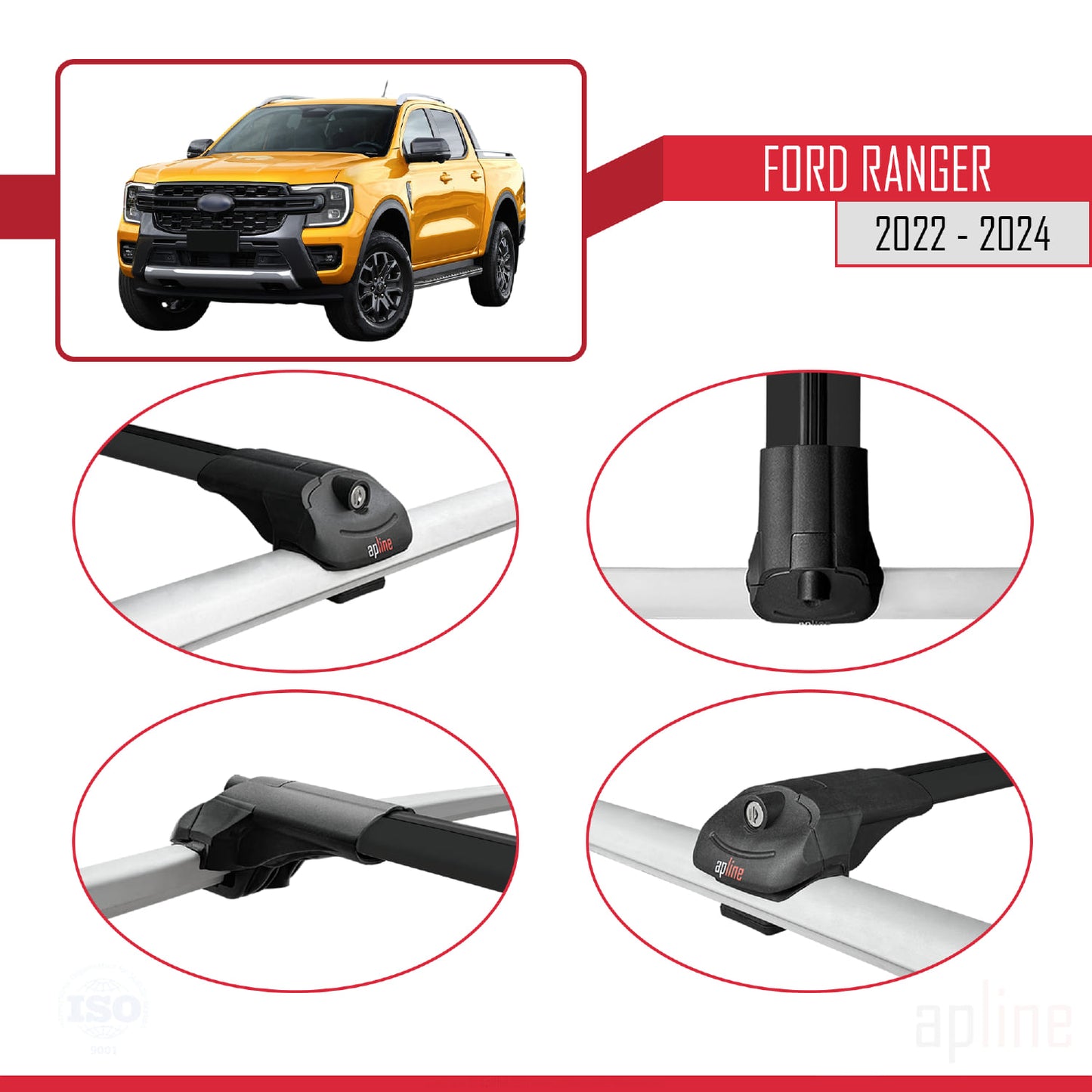 Compatible avec Ford Ranger (P703) 2022-2024 ACE-1 Barres de Toit Railing Porte-Bagages de Voiture Noir Aluminium 3 Barres