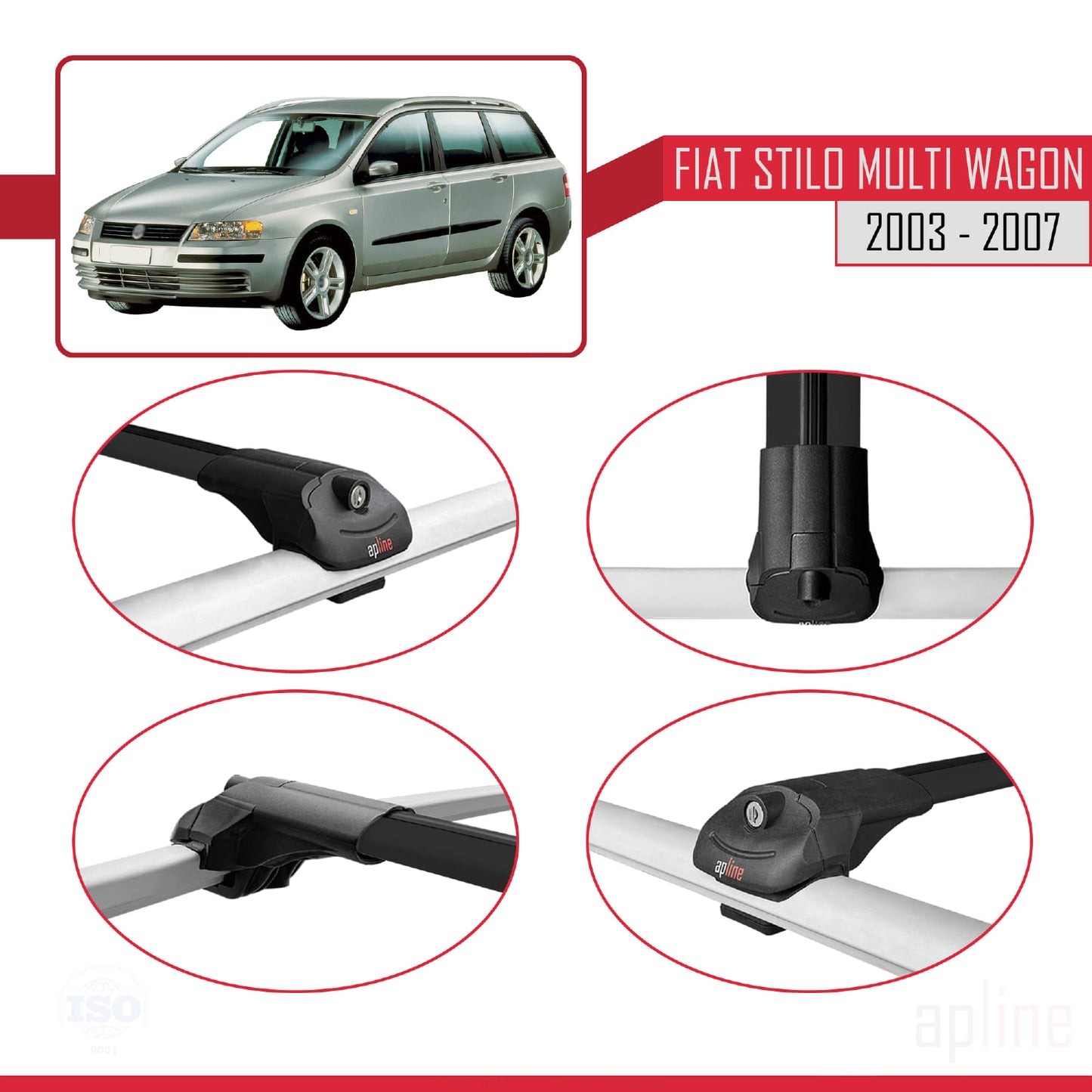 Compatible avec Fiat Stilo Multi Wagon 2003-2007 ACE-1 Barres de Toit Railing Porte-Bagages de Voiture Noir Aluminium 2 Barres
