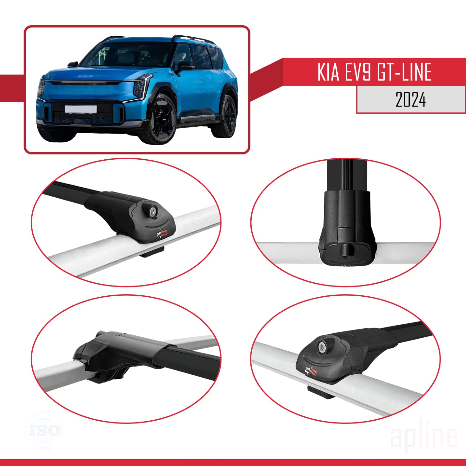 Compatible avec KIA EV9 GT-LINE 2024-2025 ACE-1 Barres de Toit Railing Porte-Bagages de Voiture Noir Aluminium 2 Barres