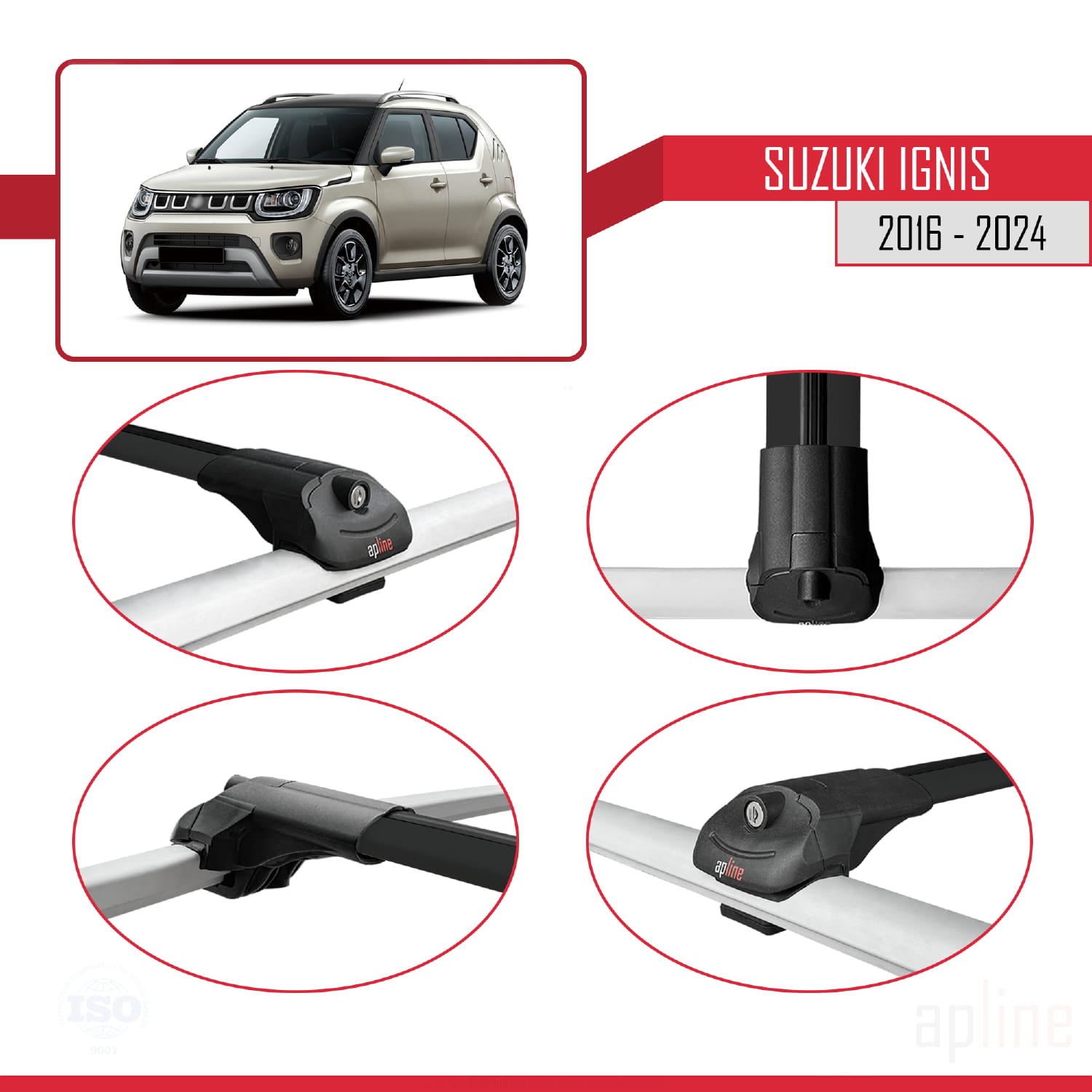 Compatible avec Suzuki Ignis 2016-2024 ACE-1 Barres de Toit Railing Porte-Bagages de Voiture Noir Aluminium 2 Barres