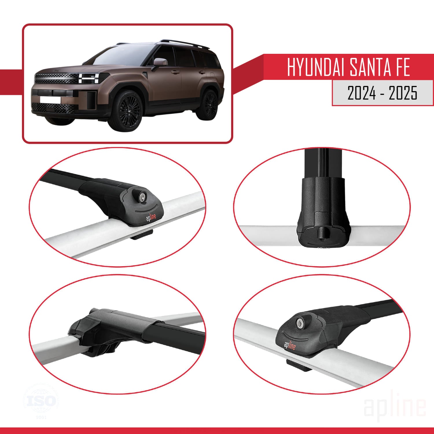 Compatible avec Hyundai Santa Fe 2024-2025 ACE-1 Barres de Toit Railing Porte-Bagages de Voiture Noir Aluminium 3 Barres