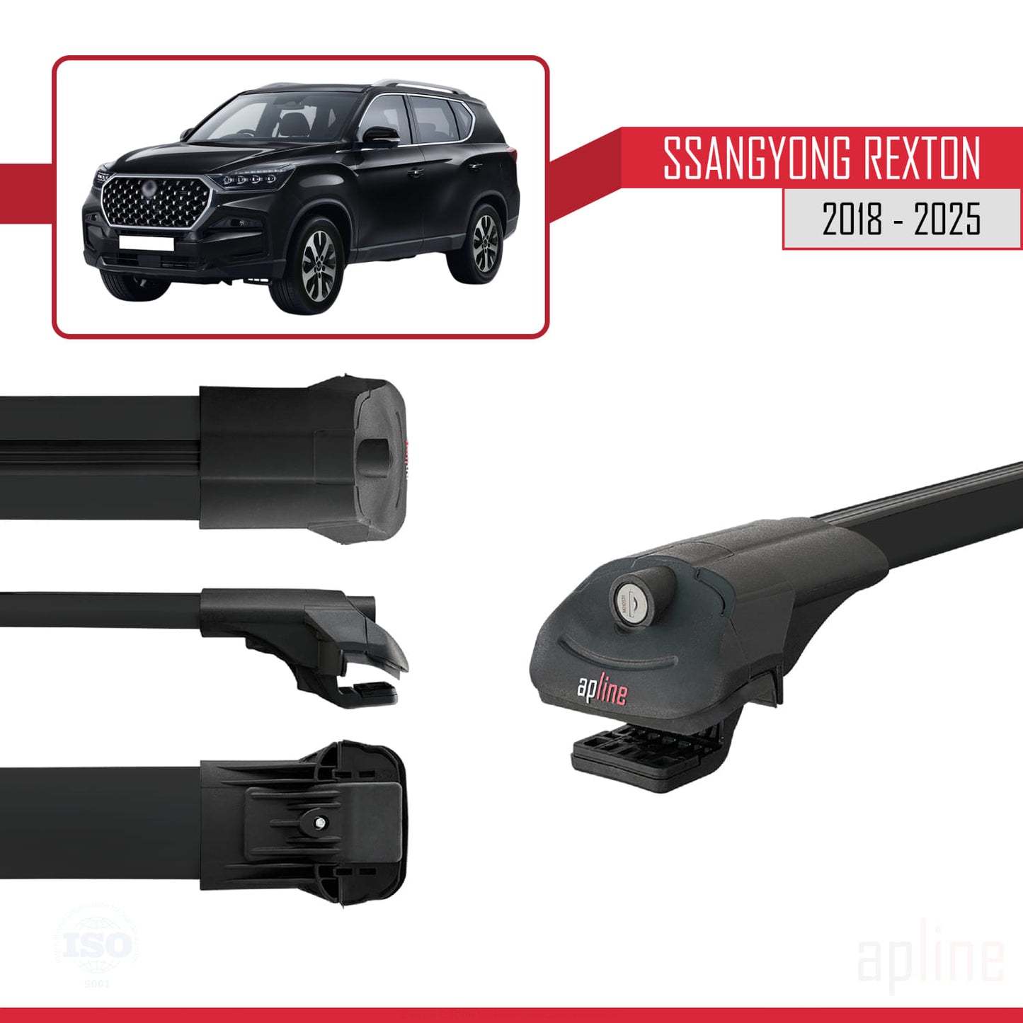Compatible avec SsangYong Rexton 2018-2025 ACE-1 Barres de Toit Railing Porte-Bagages de Voiture Noir Aluminium 2 Barres