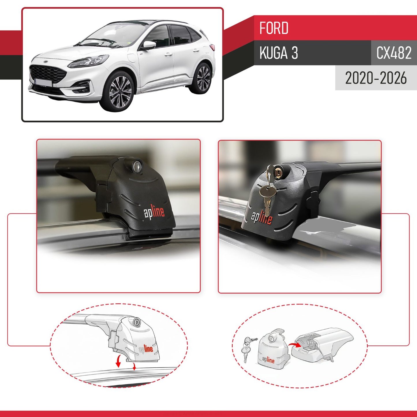 Kompatibel mit Ford Kuga 3 (CX482) 2020-2025 ACE-2 Relingträger Dachträger Auto Gepäckträger Schwarz Aluminium 2 Stangen