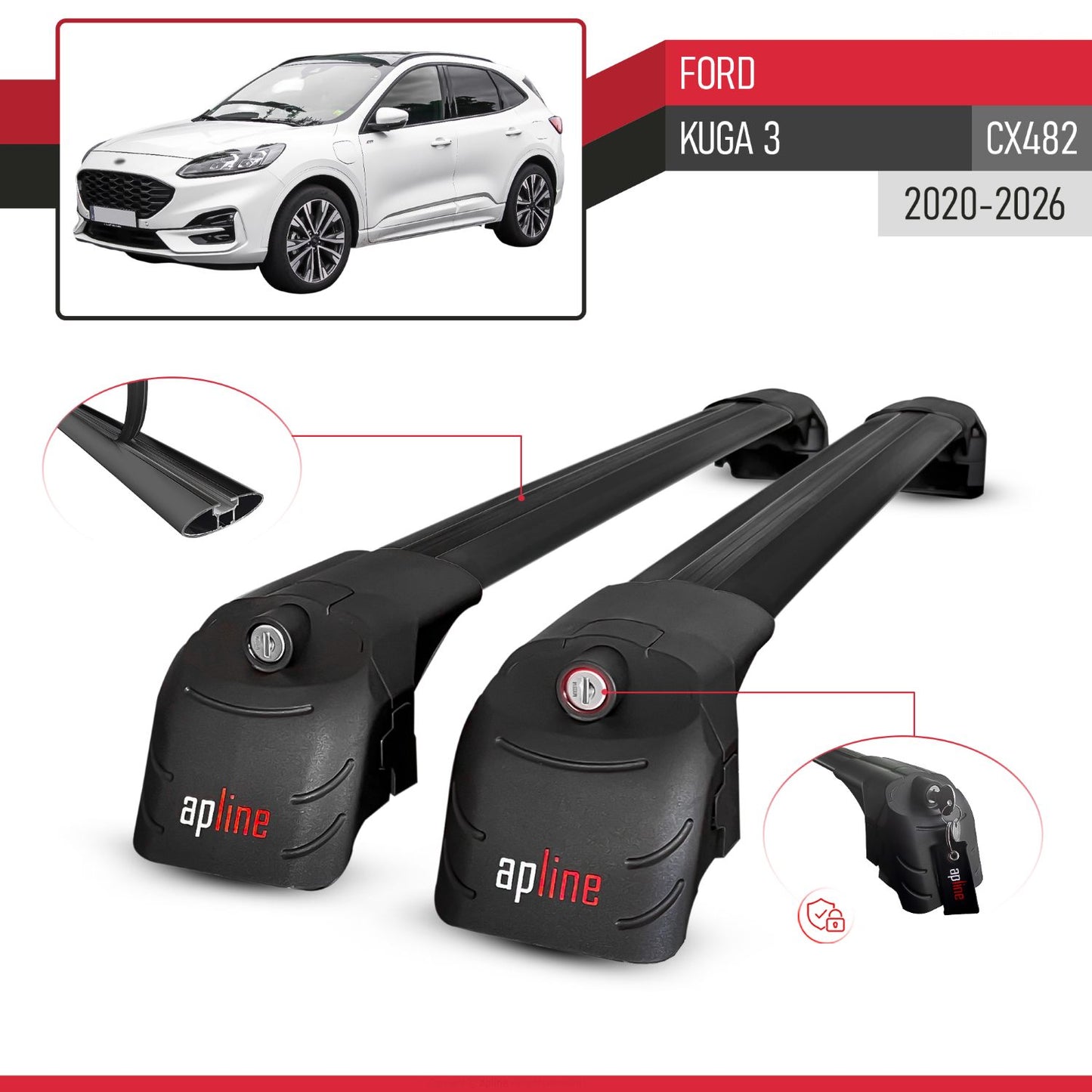 Kompatibel mit Ford Kuga 3 (CX482) 2020-2025 ACE-2 Relingträger Dachträger Auto Gepäckträger Schwarz Aluminium 2 Stangen