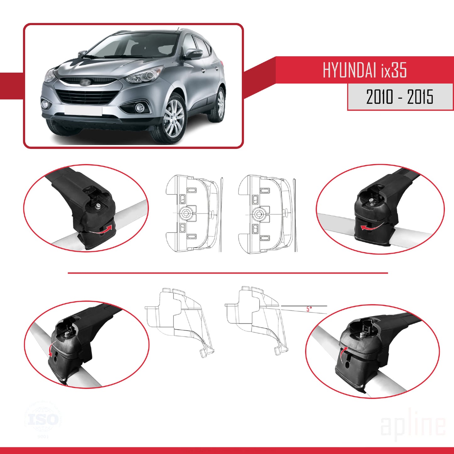 Kompatibel mit Hyundai ix35 2 (LM) 2010-2015 ACE-2 Relingträger Dachträger Auto Gepäckträger Schwarz Aluminium 2 Stangen