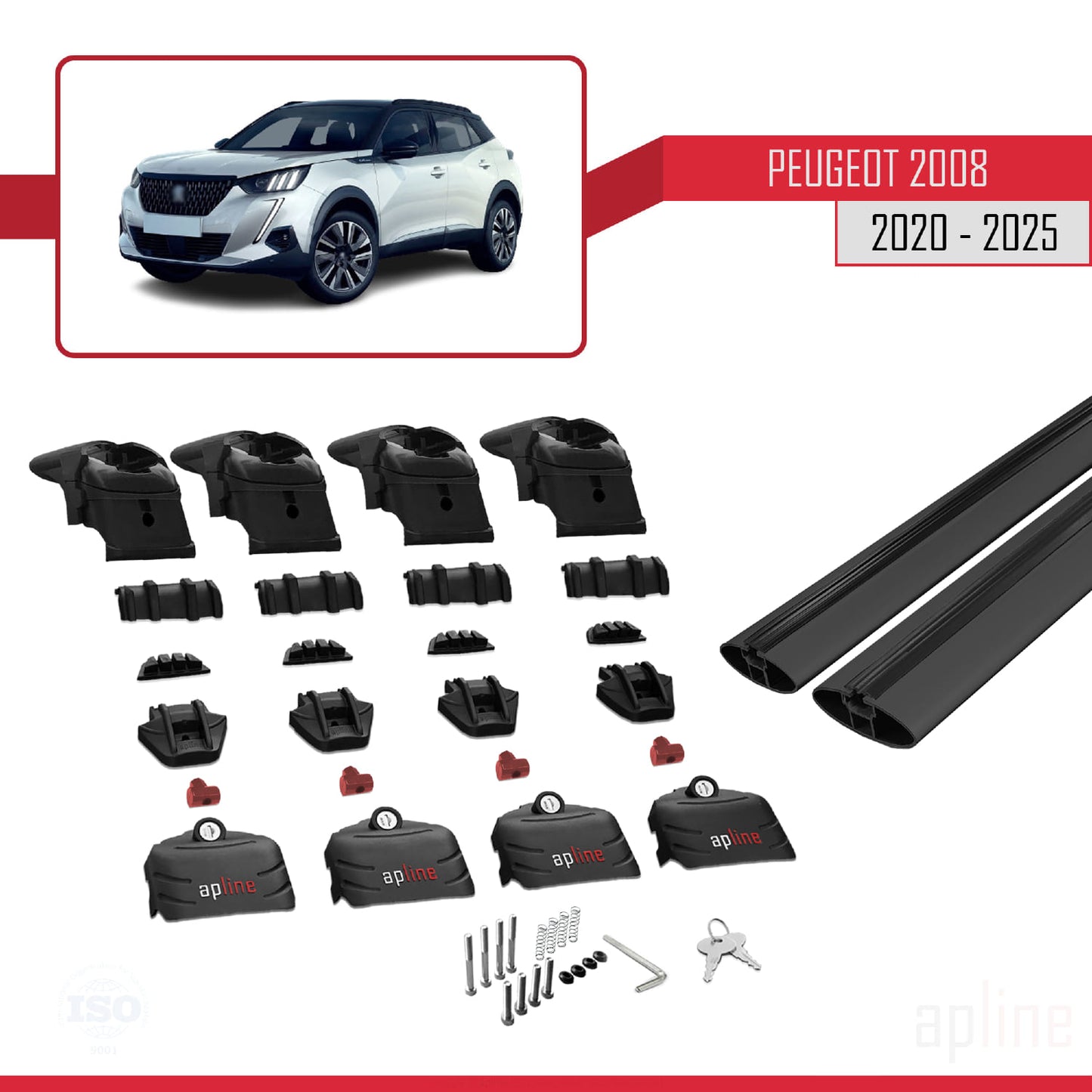 Compatible avec Peugeot 2008 II (P24) 2020-2025 ACE-2 Barres de Toit Railing Porte-Bagages de Voiture Noir Aluminium 2 Barres
