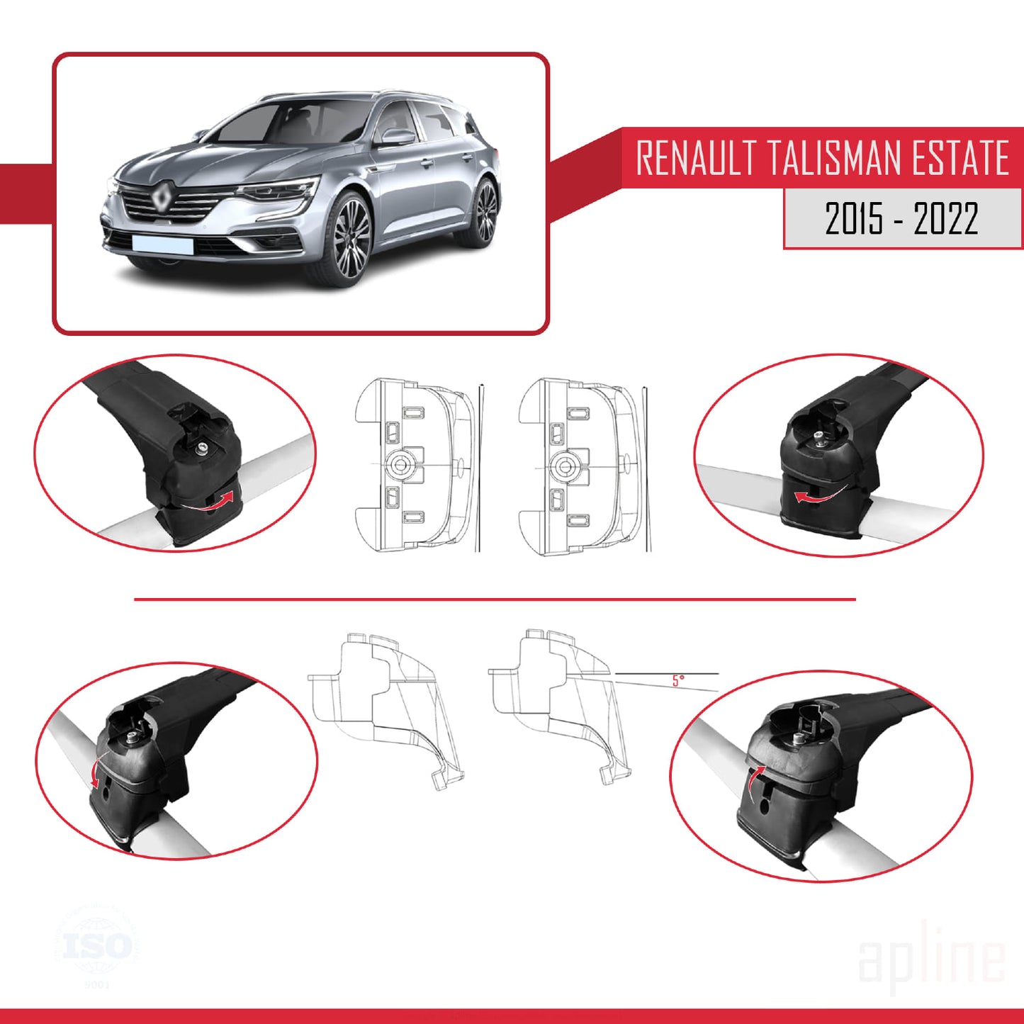 Compatible avec Renault Talisman Break 2015-2022 ACE-2 Barres de Toit Railing Porte-Bagages de Voiture Noir Aluminium 2 Barres