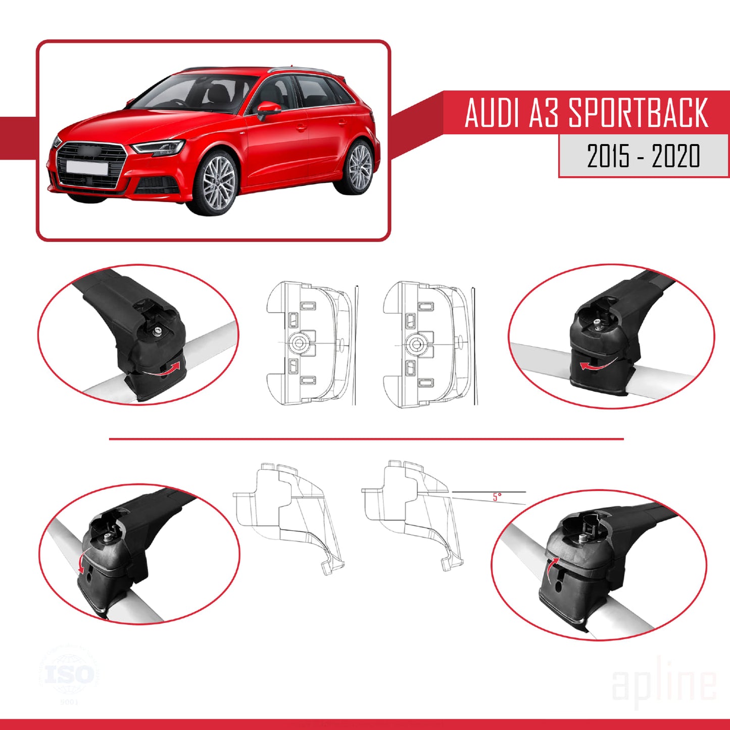 Compatible avec Audi A3 Sportback 2015-2020 ACE-2 Barres de Toit Railing Porte-Bagages de Voiture Noir Aluminium 2 Barres