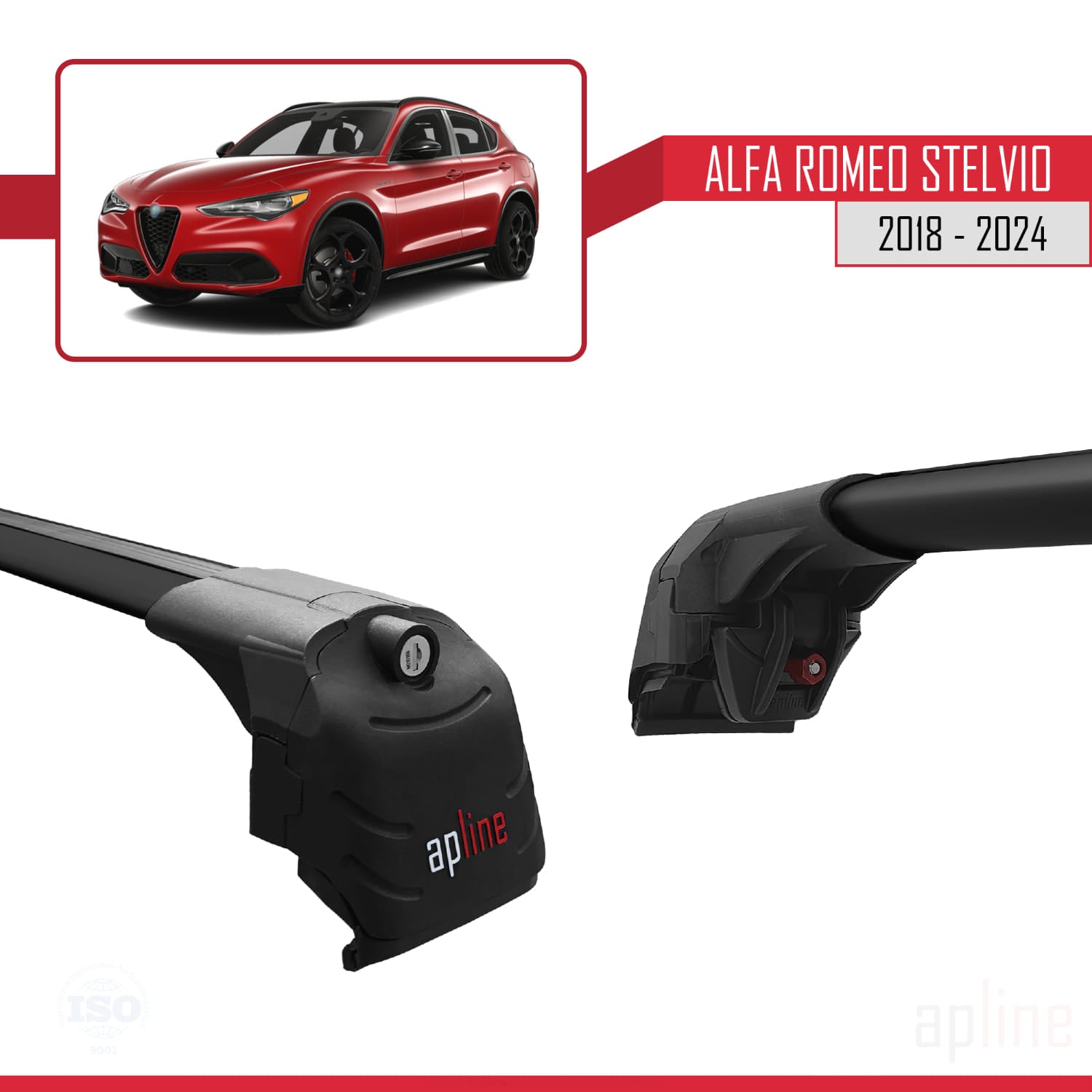 Compatible avec Alfa Romeo Stelvio 2018-2024 ACE-2 Barres de Toit Railing Porte-Bagages de Voiture Noir Aluminium 2 Barres