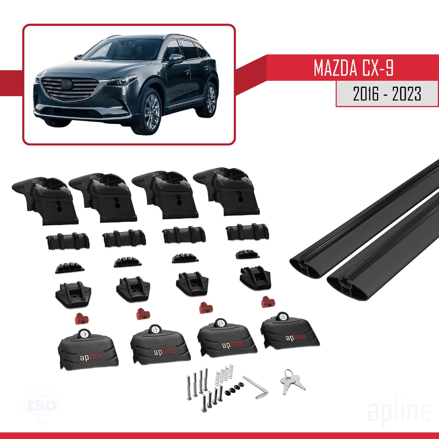 Compatible avec Mazda CX-9 2016-2023 ACE-2 Barres de Toit Railing Porte-Bagages de Voiture Noir Aluminium 2 Barres