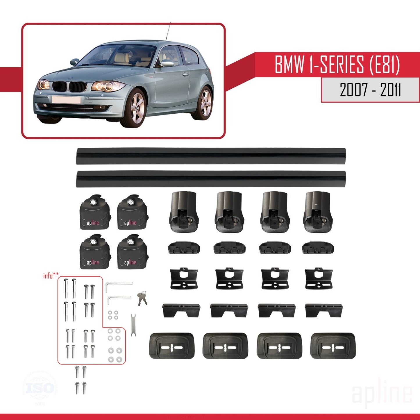 Compatible with BMW 1 Series (E81) 2007-2011 ACE-3 Car Roof Rack Cross Bar Black Aluminium 2 Bars