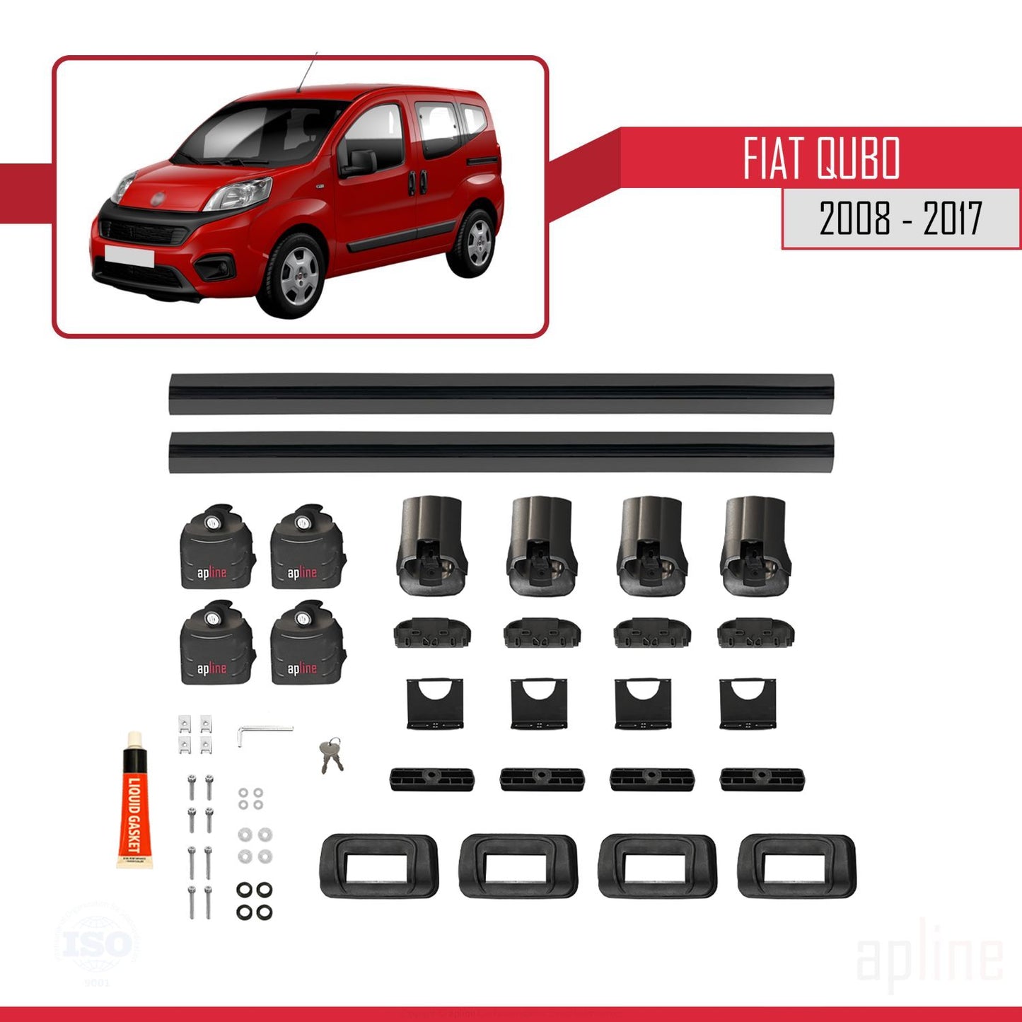 Kompatibel mit Fiat Qubo 2008-2017 ACE-3 Dachgepäckträger, Auto-Reling, Gepäckträger, schwarzes Aluminium, 2 Stangen