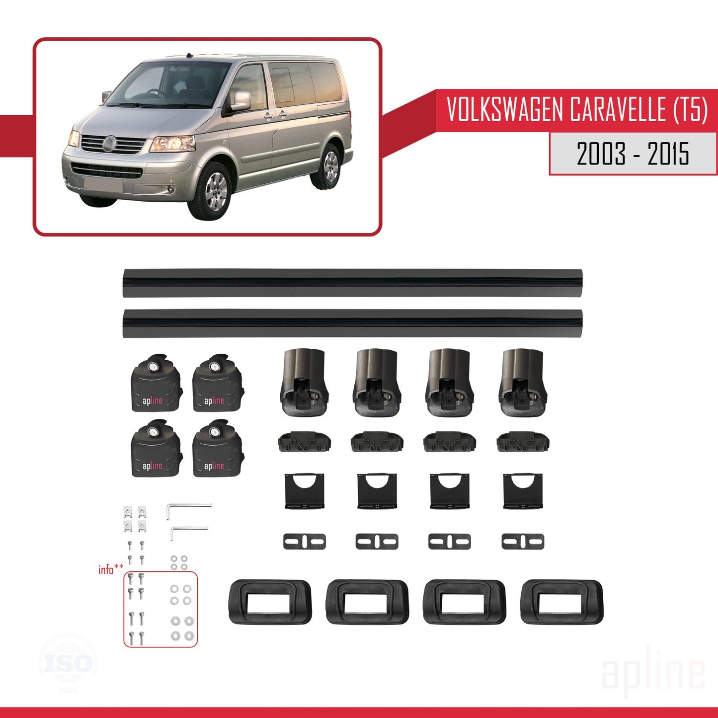 Compatible avec Volkswagen Caravelle (T5) 2003-2015 ACE-3 Barres de Toit Railing Porte-Bagages de Voiture Noir Aluminium 2 Barres