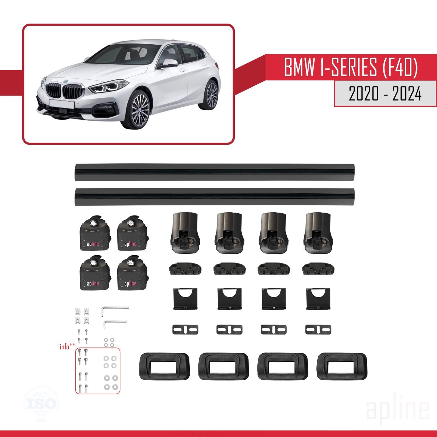Compatible with BMW 1 Series (F40) 2020-2024 ACE-3 Car Roof Rack Cross Bar Black Aluminium 2 Bars