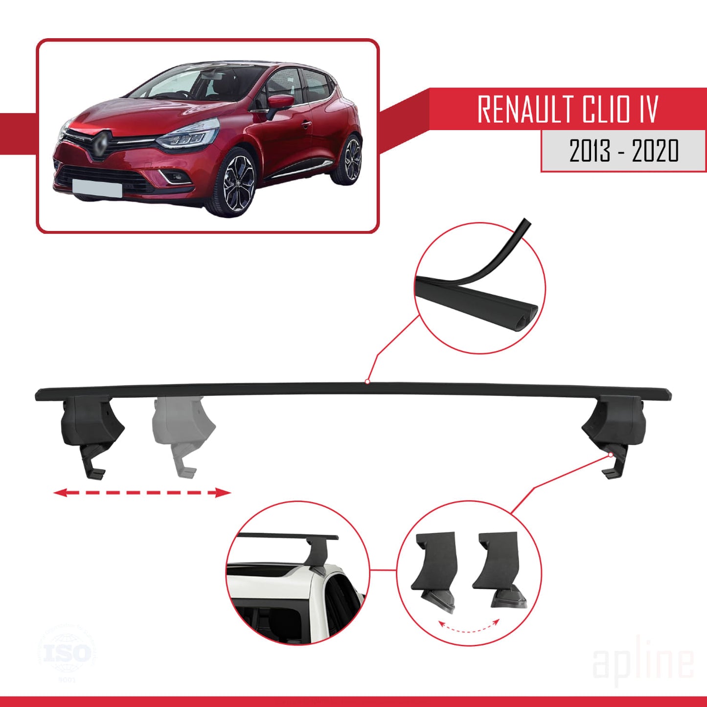 Compatible avec Renault Clio 4 2013-2020 ACE-4 Barres de Toit Railing Porte-Bagages de Voiture Noir Aluminium 2 Barres