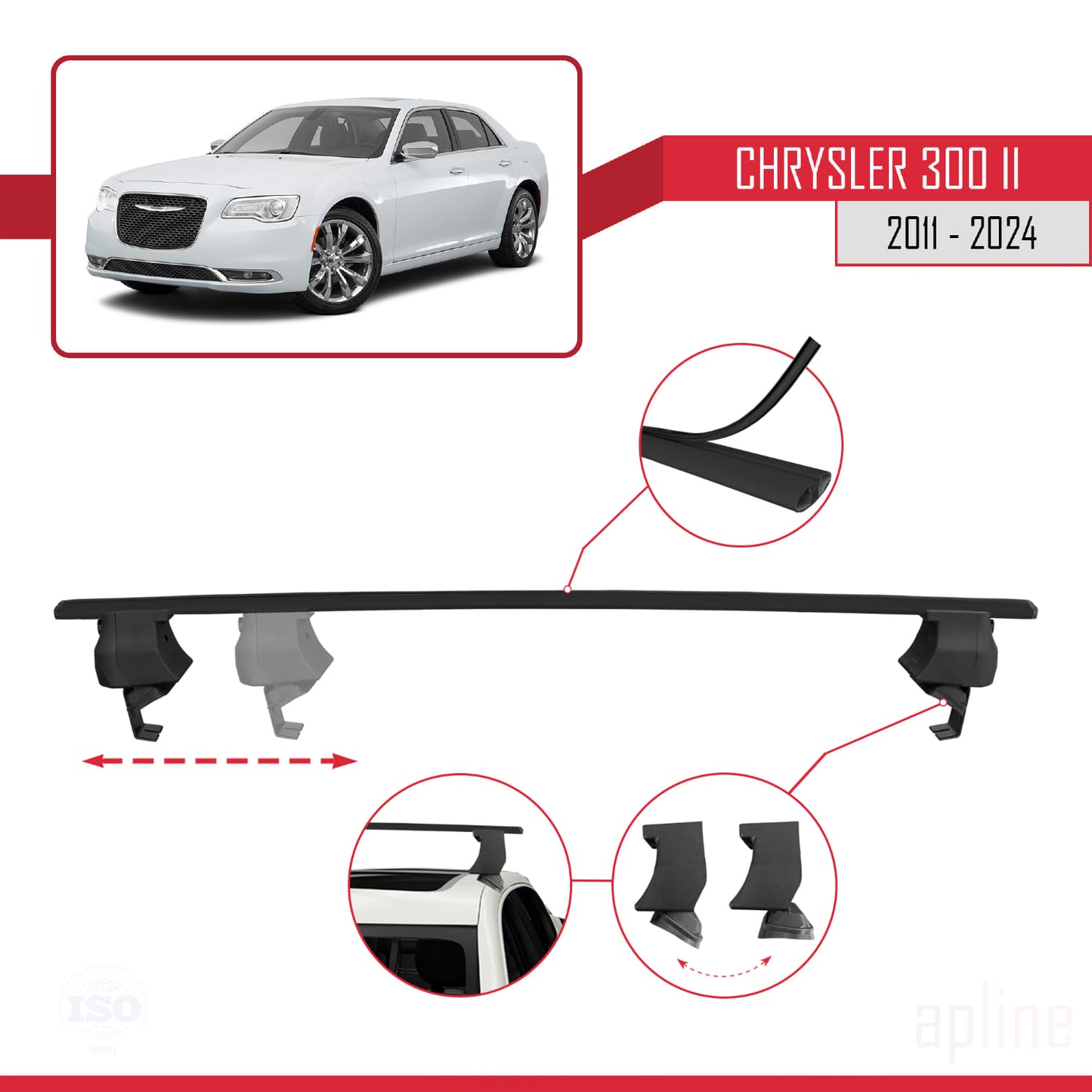 Compatible avec Chrysler 300 II (LD) 2011-2023 ACE-4 Barres de Toit Railing Porte-Bagages de Voiture Noir Aluminium 2 Barres