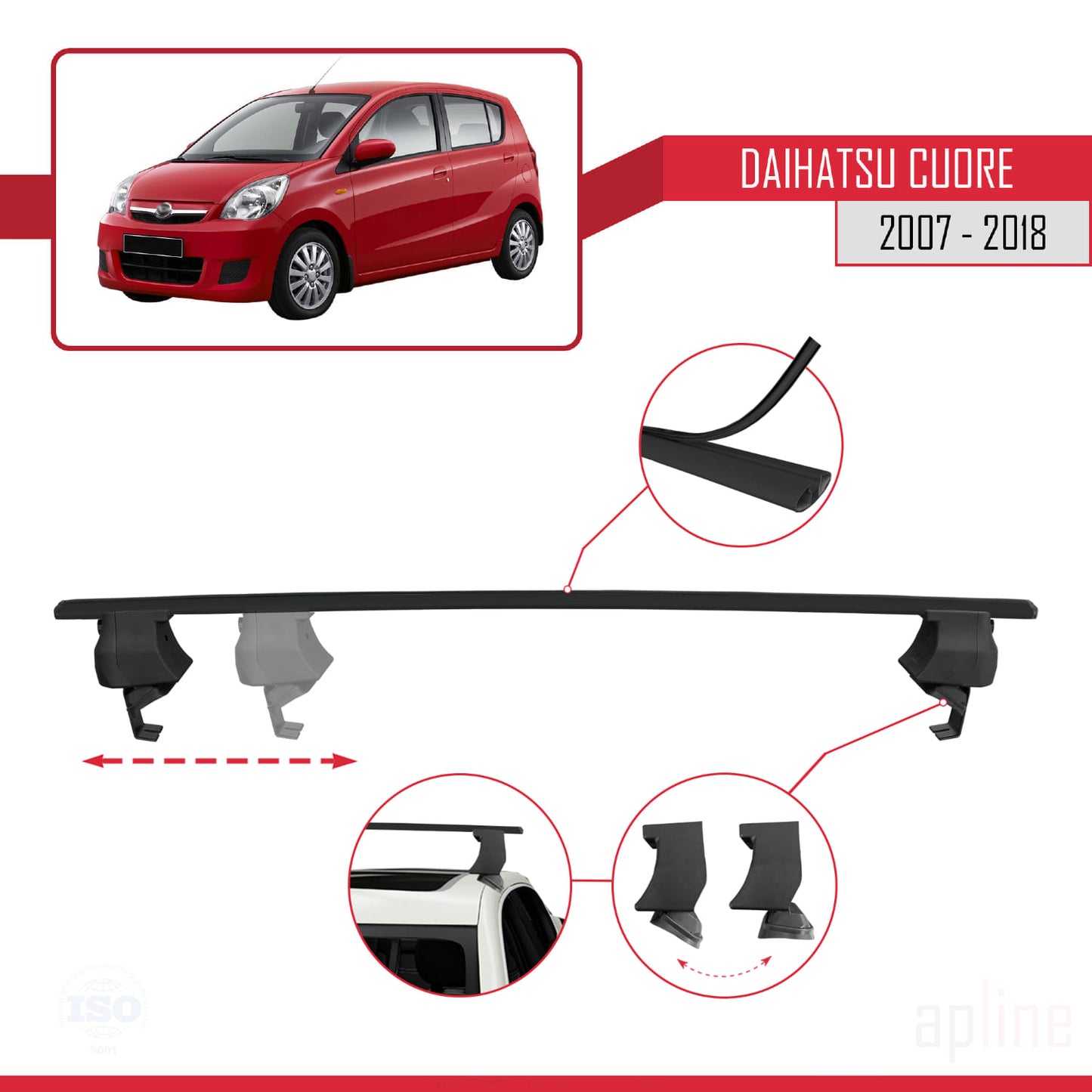 Compatible avec Daihatsu Cuore 2007-2018 ACE-4 Barres de Toit Railing Porte-Bagages de Voiture Noir Aluminium 2 Barres