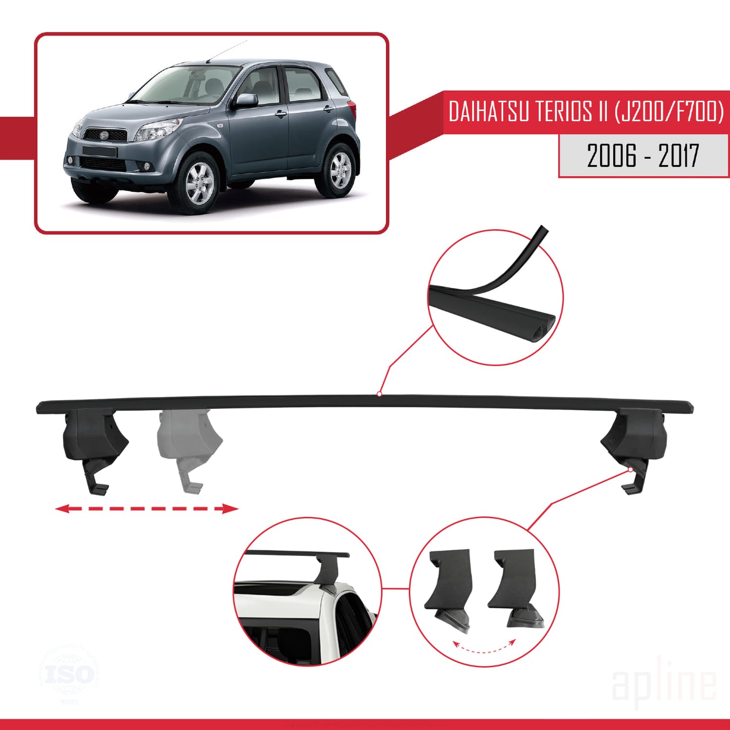 Compatible with Daihatsu Terios 2 (J200/F700) 2006-2017 ACE-4 Car Roof Rack Cross Bar Black Aluminium 2 Bars