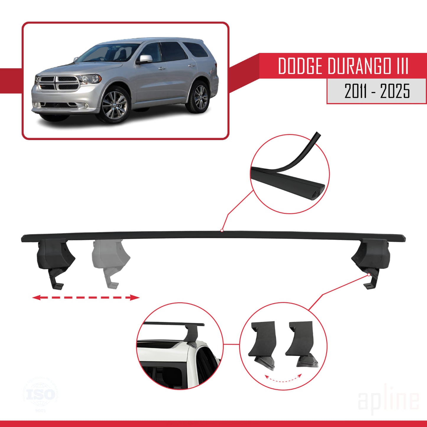 Compatible with Dodge Durango 3 2011-2025 ACE-4 Car Roof Rack Cross Bar Black Aluminium 2 Bars