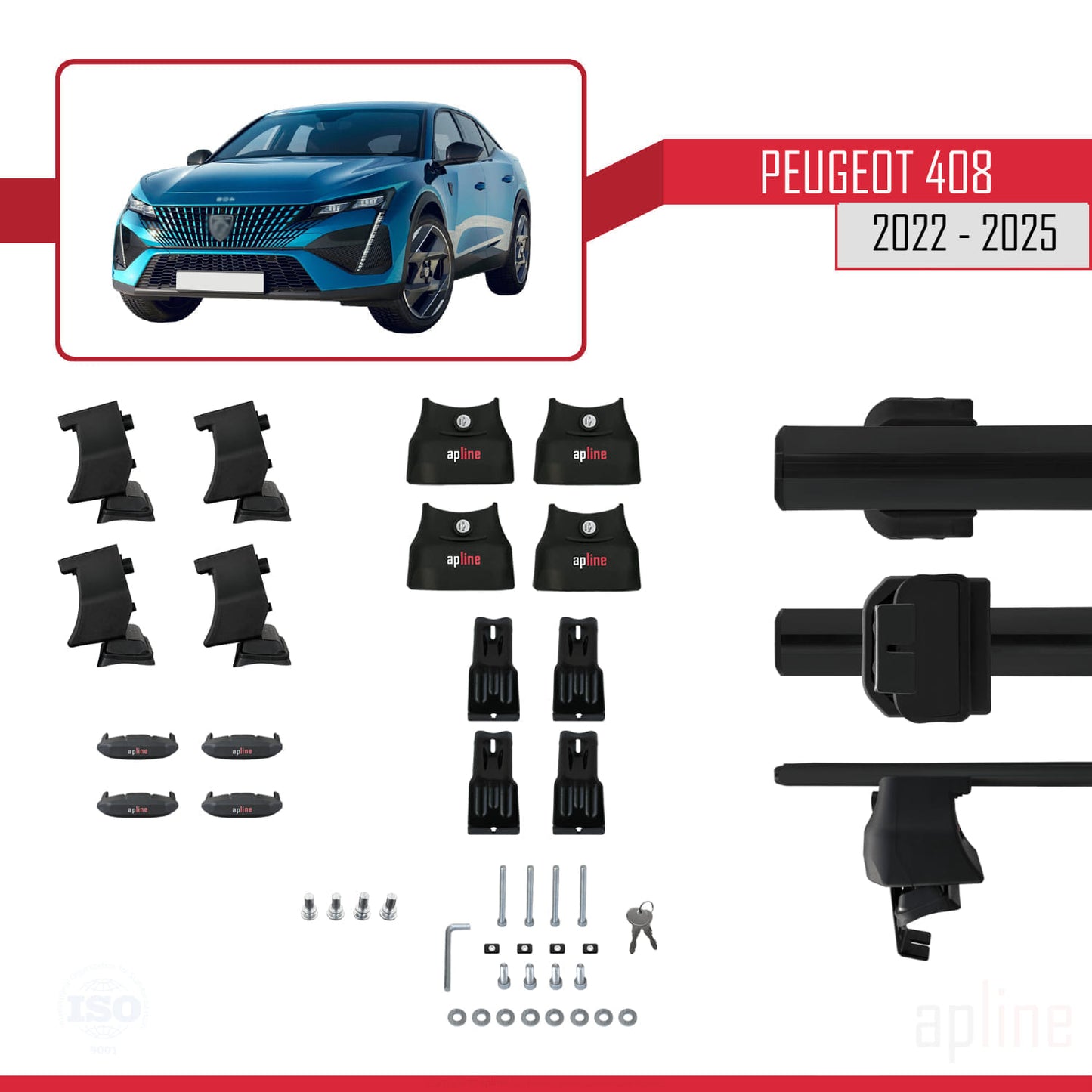 Compatible avec Peugeot 408 (P54) 2022-2025 ACE-4 Barres de Toit Railing Porte-Bagages de Voiture Noir Aluminium 2 Barres