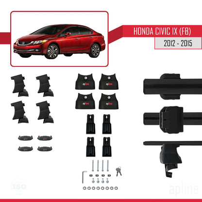 Kompatibel mit Honda Civic 9 (FB) Stufenheck 2012-2015 ACE-4 Relingträger Dachträger Auto Gepäckträger Schwarz Aluminium 2 Stangen