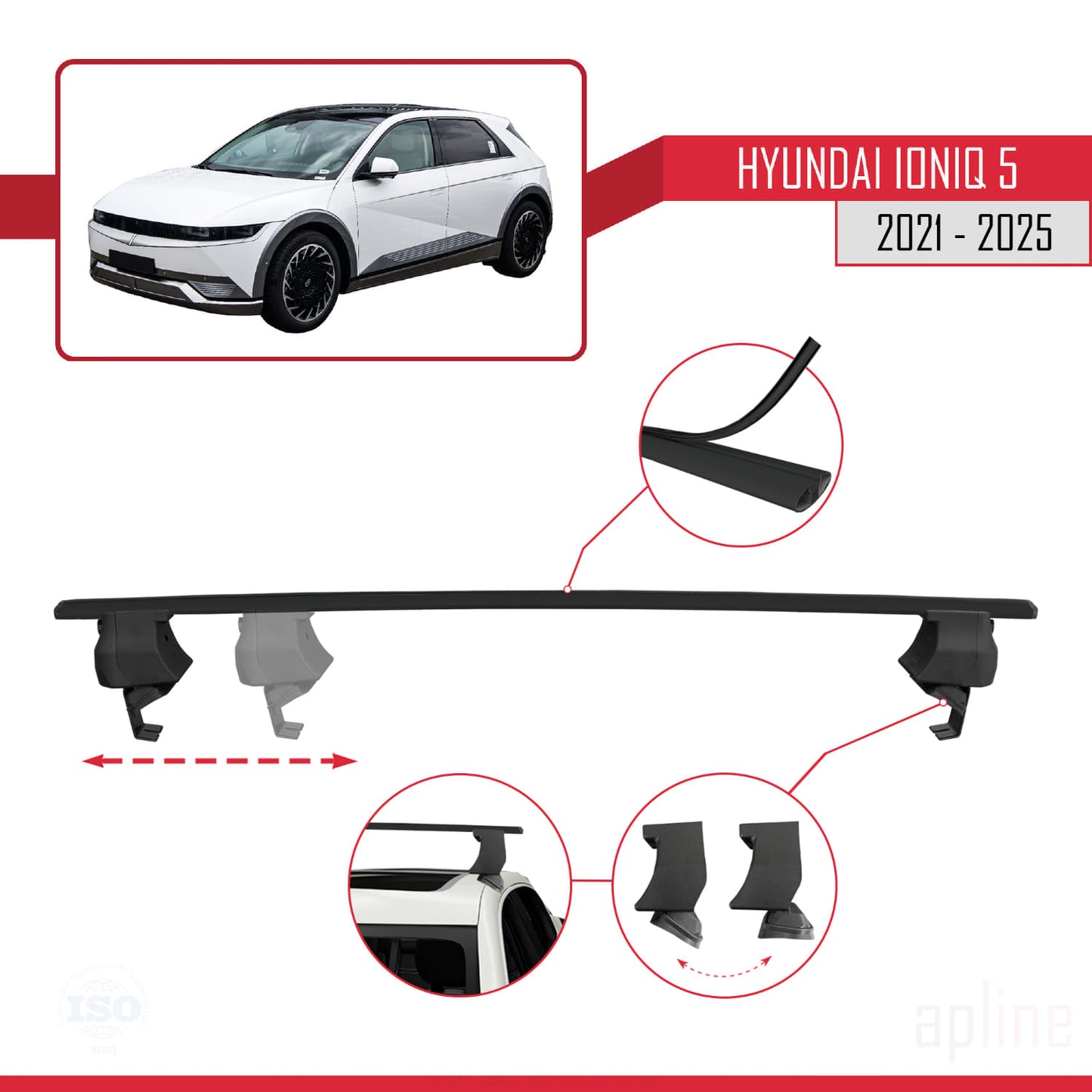 Compatible with Hyundai Ioniq 5 (NE) 2021-2025 ACE-4 Car Roof Rack Cross Bar Black Aluminium 2 Bars