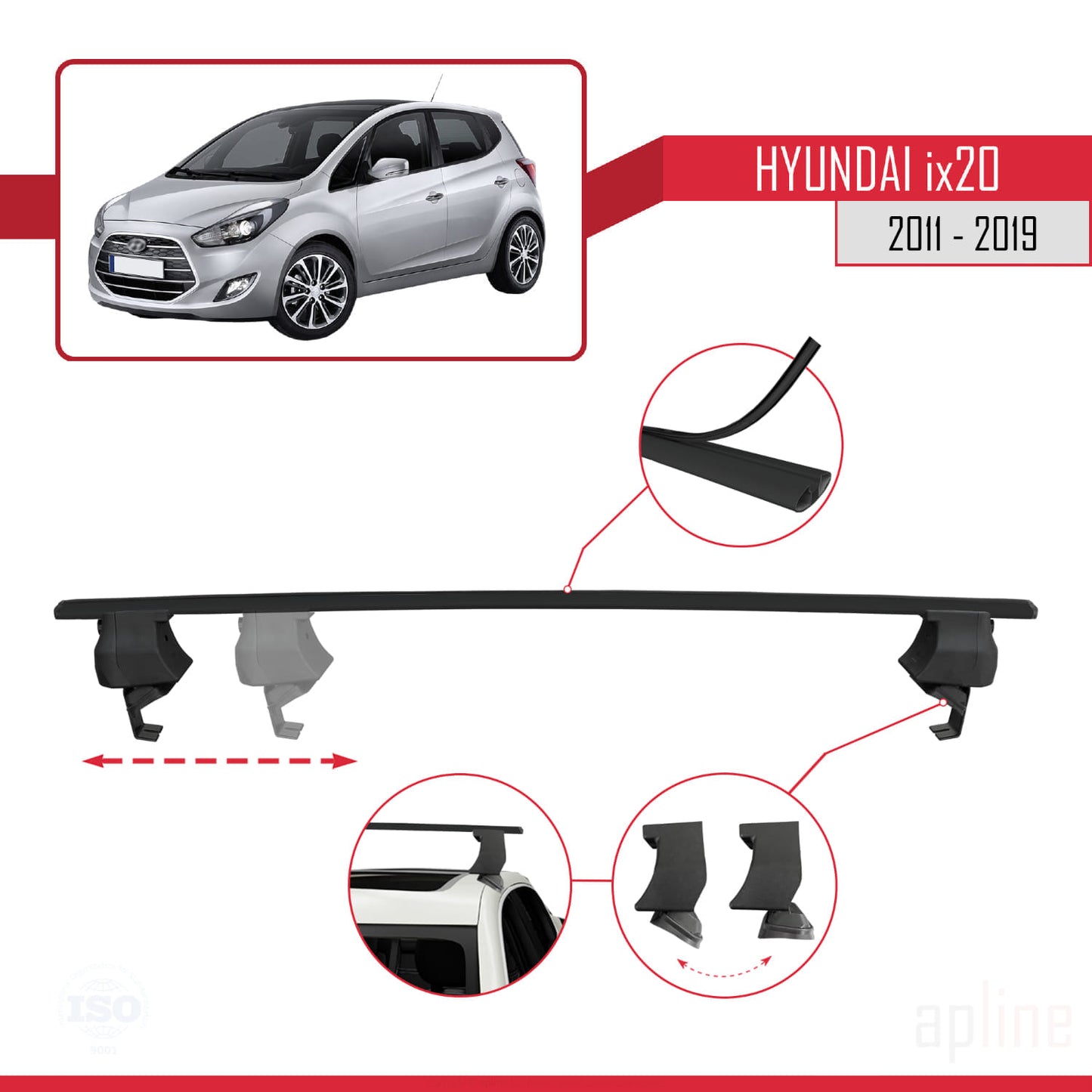 Kompatibel mit Hyundai ix20 (JC) 2011-2019 ACE-4 Relingträger Dachträger Auto Gepäckträger Schwarz Aluminium 2 Stangen