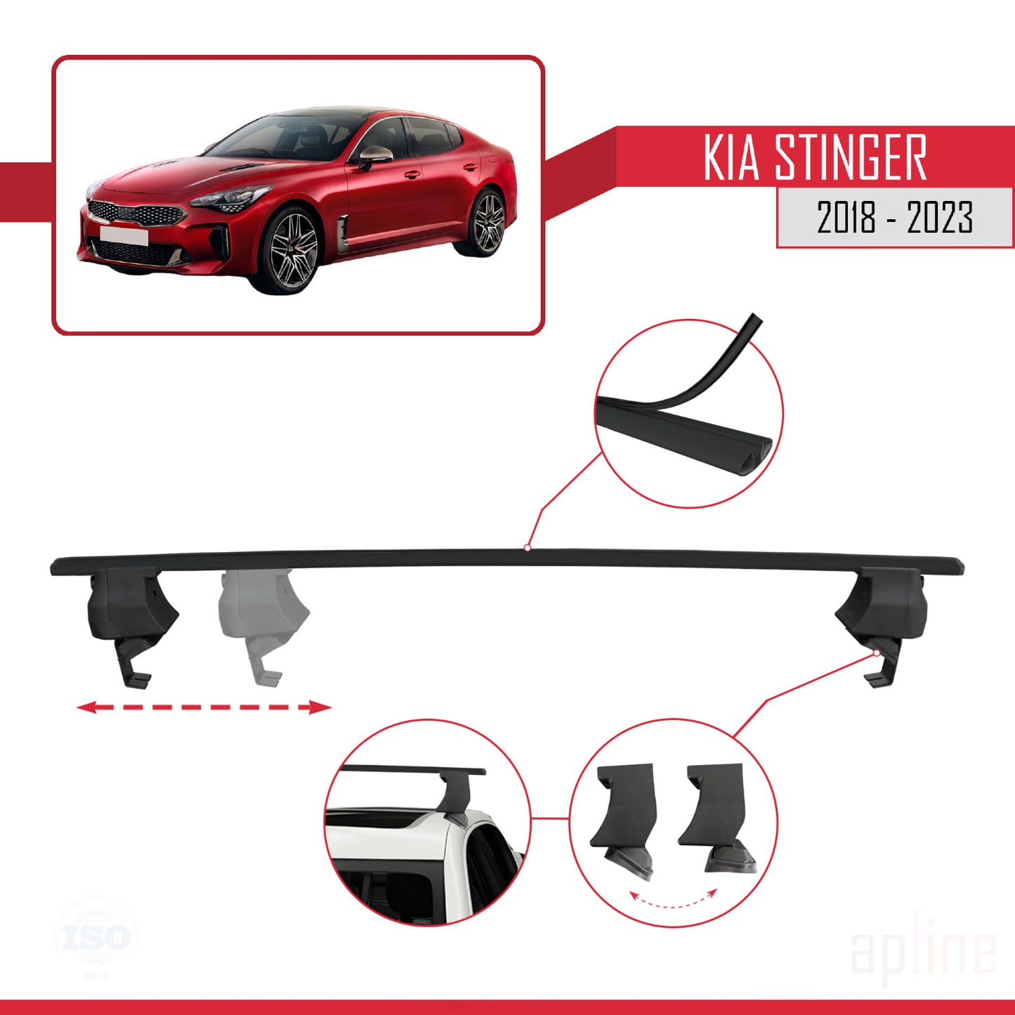 Compatible with Kia Stinger 2018-2023 ACE-4 Car Roof Rack Cross Bar Black Aluminium 2 Bars