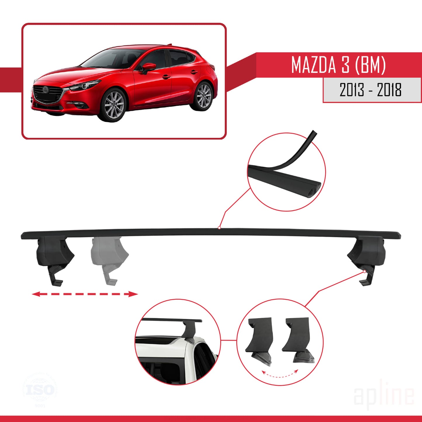 Compatible with Mazda 3 III (BM) 2013-2018 ACE-4 Car Roof Rack Cross Bar Black Aluminium 2 Bars