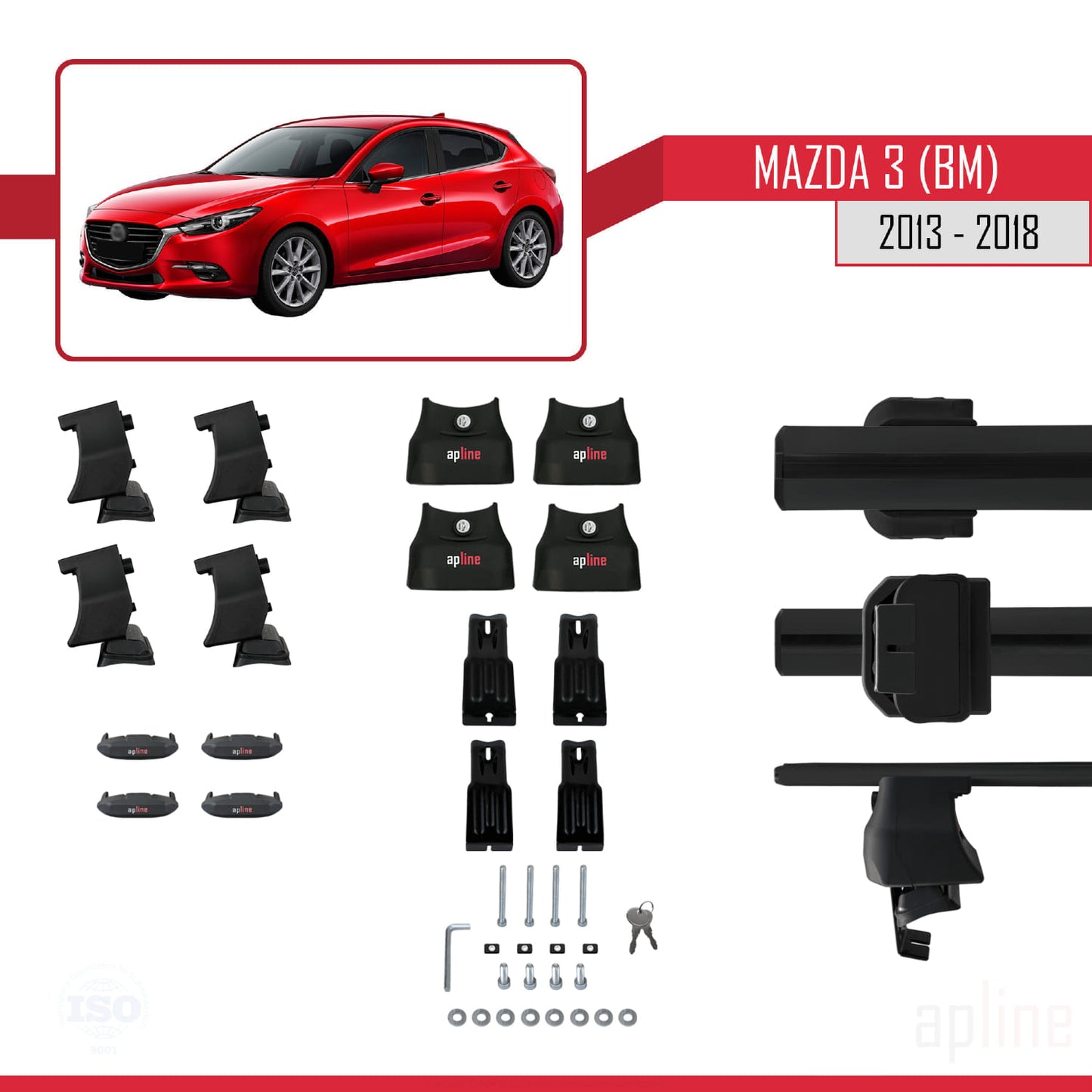 Compatible with Mazda 3 III (BM) 2013-2018 ACE-4 Car Roof Rack Cross Bar Black Aluminium 2 Bars
