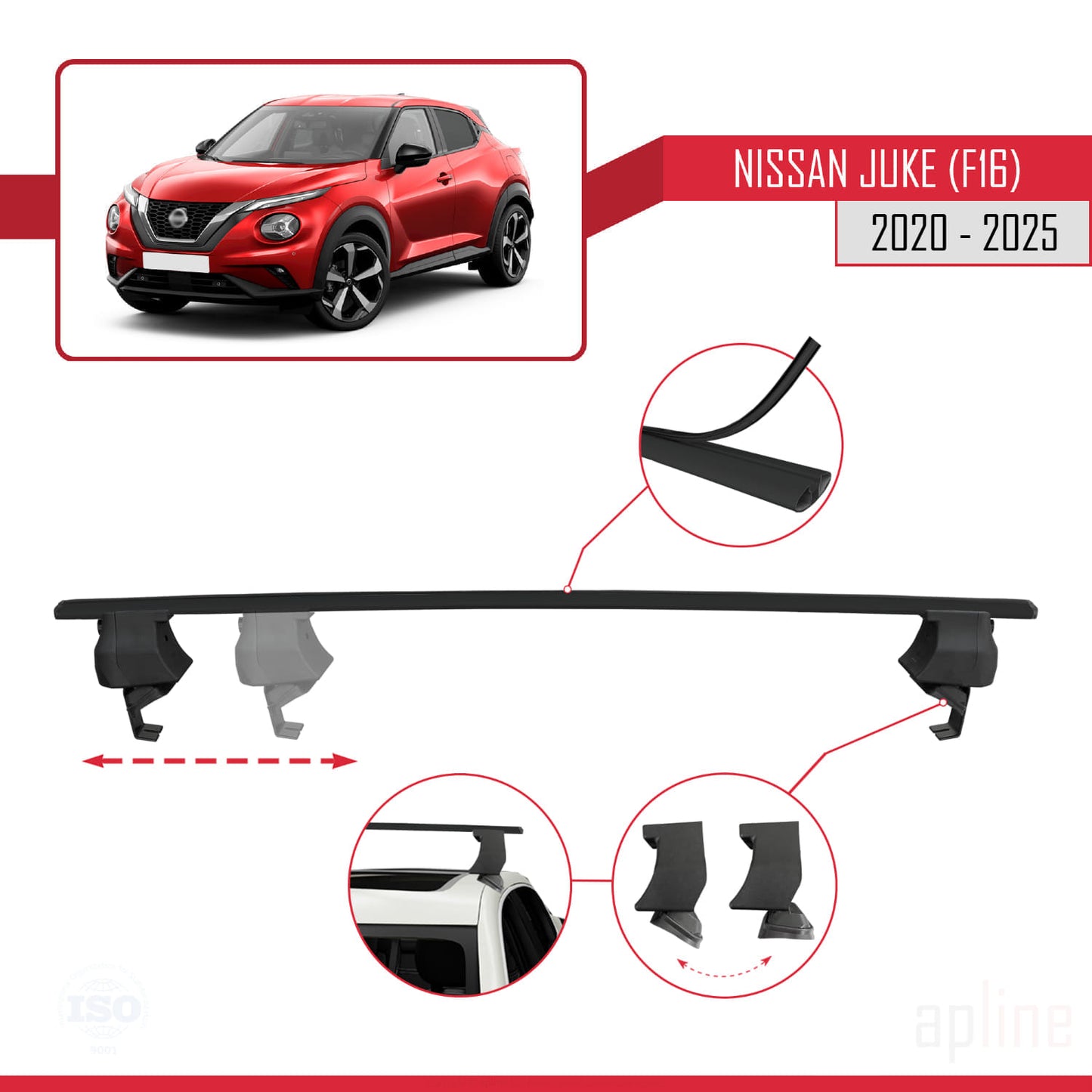 Compatible avec Nissan Juke 2 (F16) 2020-2025 ACE-4 Barres de Toit Railing Porte-Bagages de Voiture Noir Aluminium 2 Barres