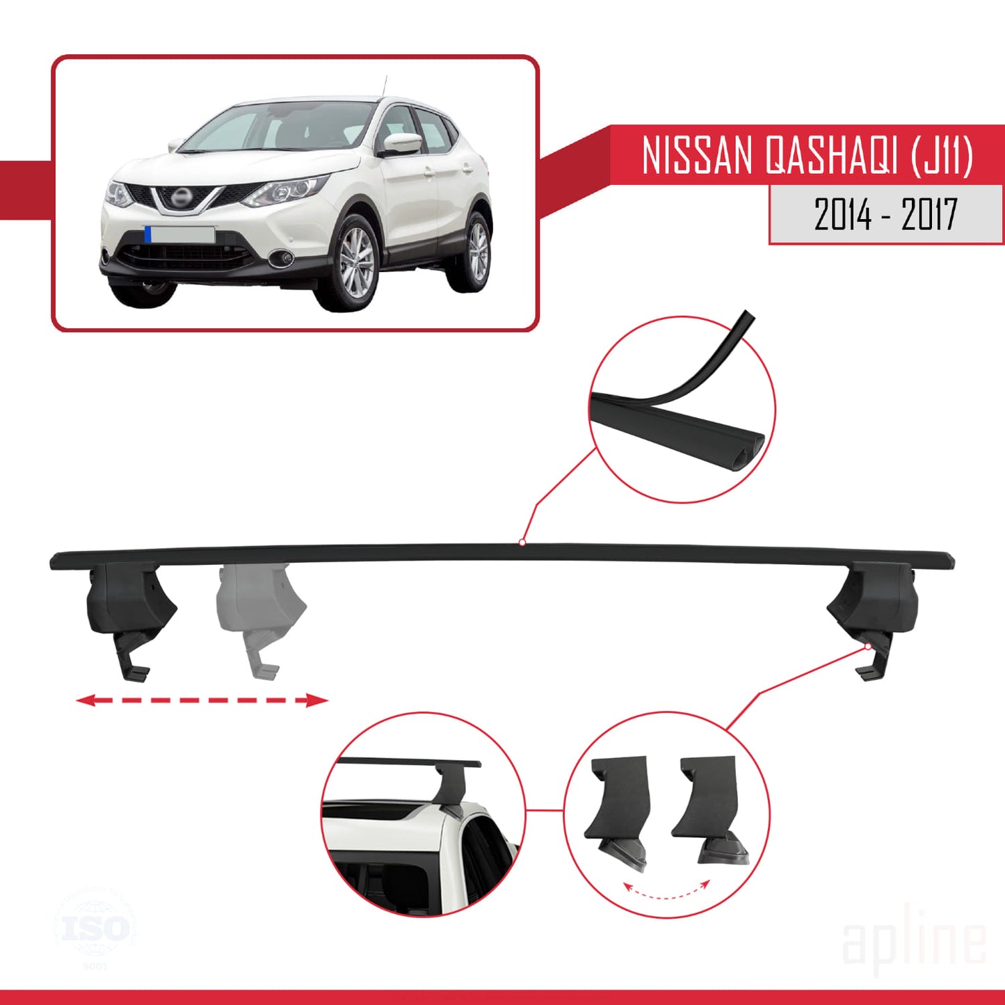 Compatible avec Nissan Qashqai 2 (J11) Pre-Facelift 2014-2017 ACE-4 Barres de Toit Railing Porte-Bagages de Voiture Noir Aluminium 2 Barres