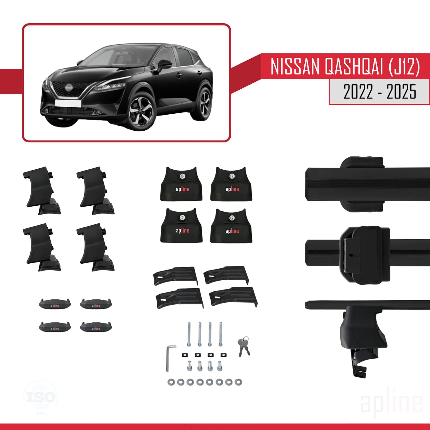 Compatible avec Nissan Qashqai 3 (J12) 2022-2025 ACE-4 Barres de Toit Railing Porte-Bagages de Voiture Noir Aluminium 2 Barres