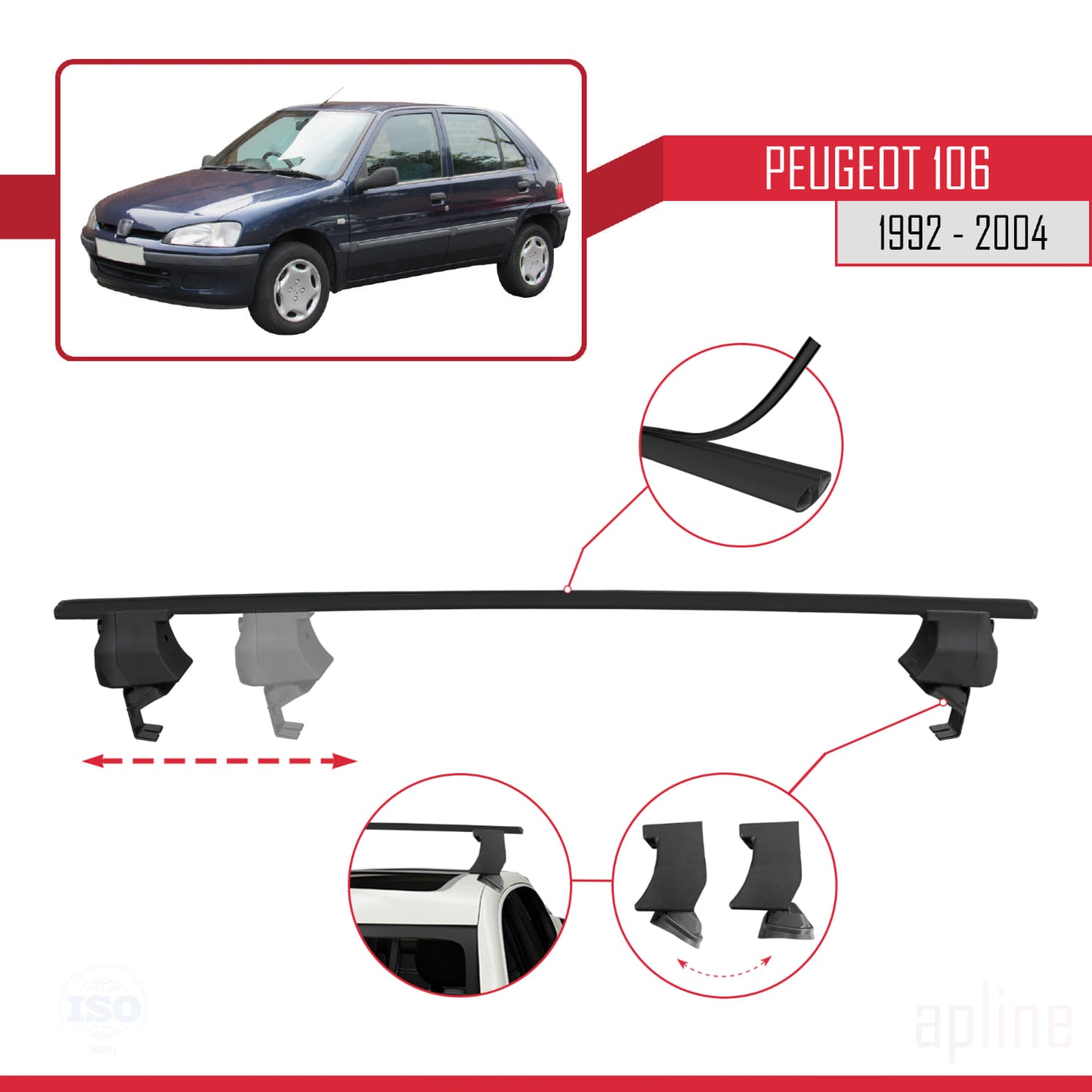 Compatible with Peugeot 106 1992-2004 ACE-4 Car Roof Rack Cross Bar Black Aluminium 2 Bars