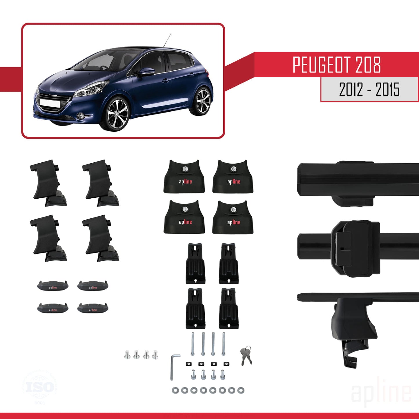 Compatible with Peugeot 208 (A9) Pre-Facelift 2012-2015 ACE-4 Car Roof Rack Cross Bar Black Aluminium 2 Bars