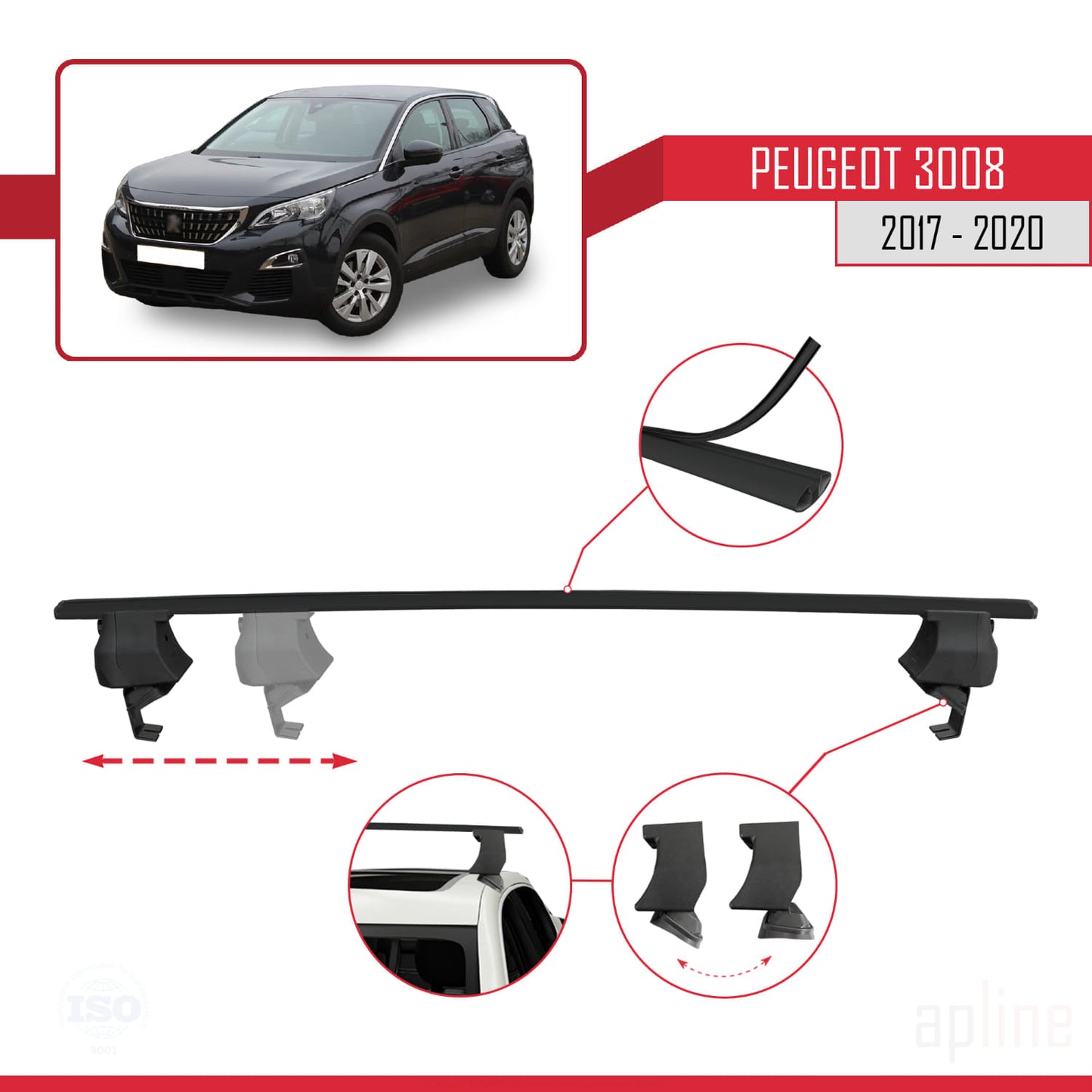 Compatible with Peugeot 3008 II (P84) Pre-Facelift 2017-2020 ACE-4 Car Roof Rack Cross Bar Black Aluminium 2 Bars