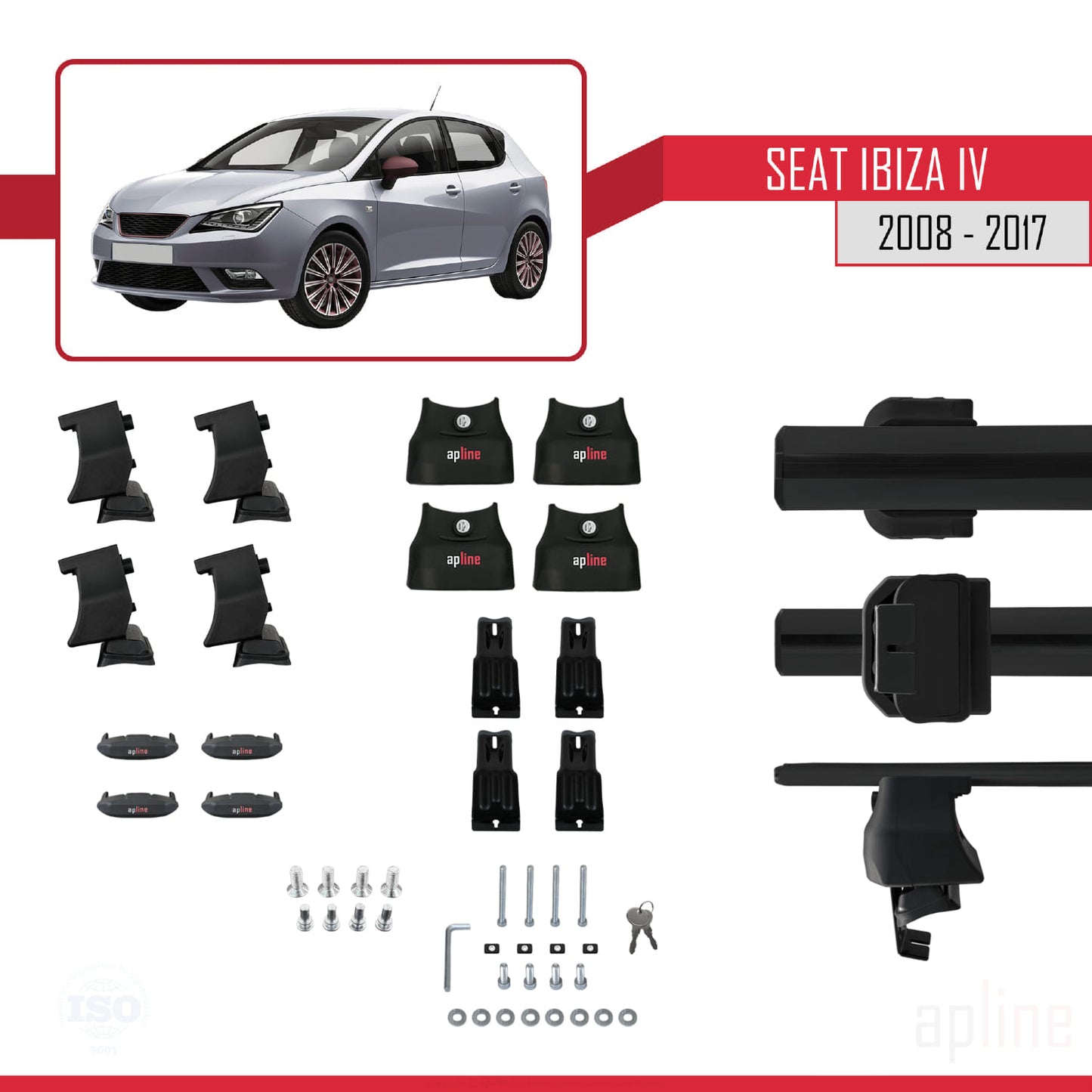 Kompatibel mit Seat Ibiza 4 (6J) 2008-2017 ACE-4 Relingträger Dachträger Auto Gepäckträger Schwarz Aluminium 2 Stangen