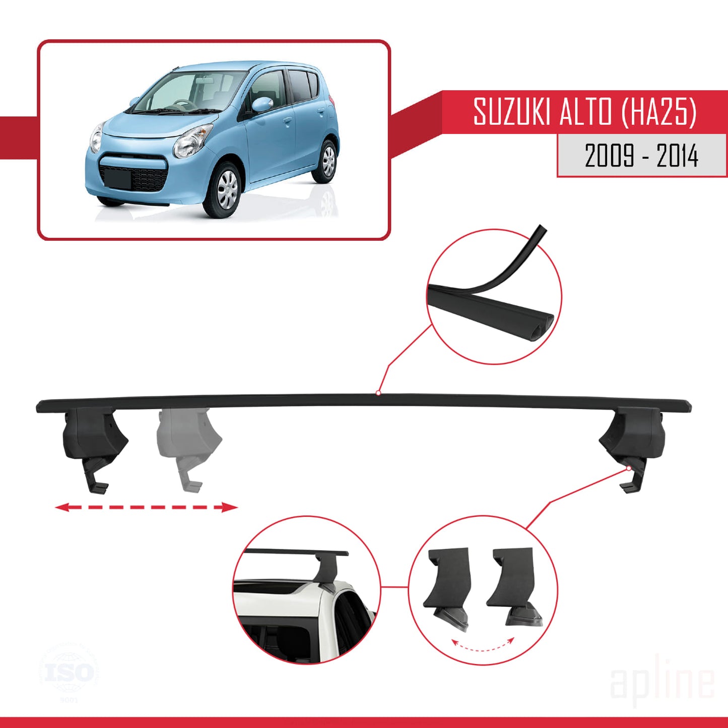 Compatible avec Suzuki Alto (HA25) 2009-2014 ACE-4 Barres de Toit Railing Porte-Bagages de Voiture Noir Aluminium 2 Barres
