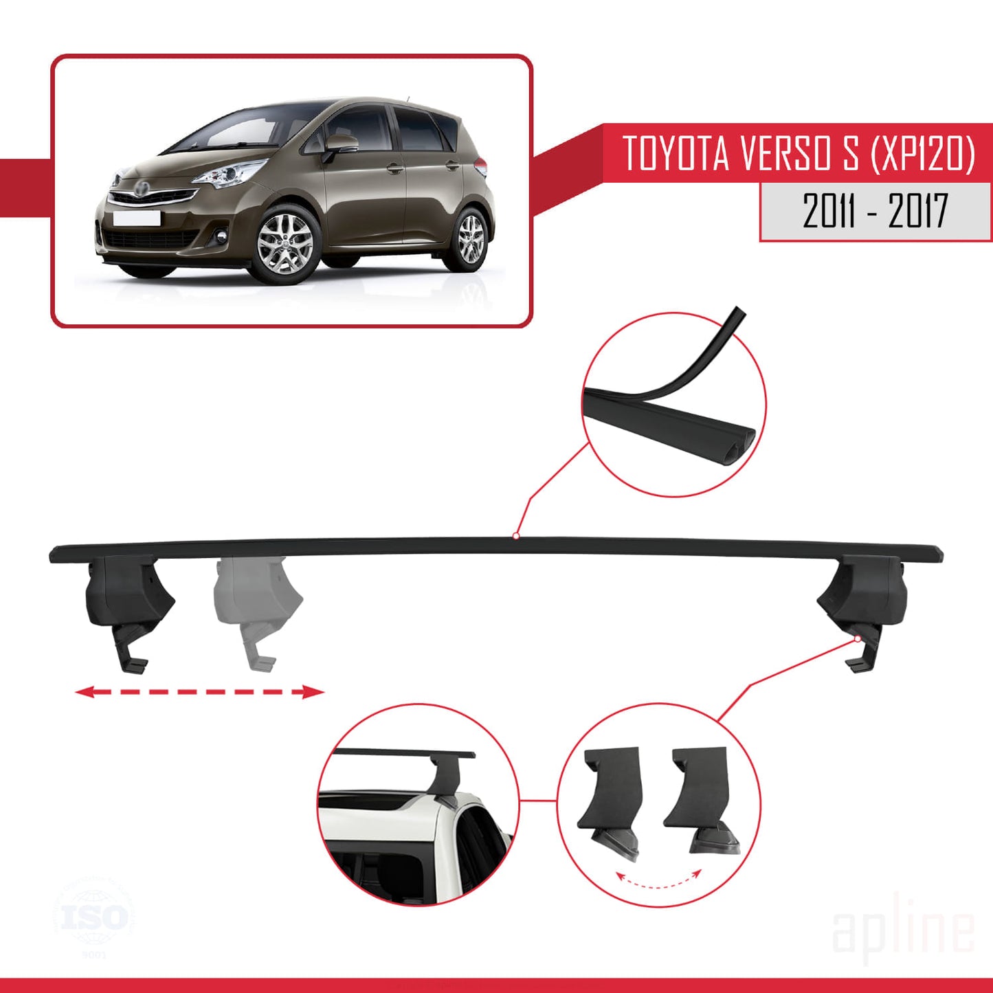 Kompatibel mit Toyota Verso S (XP120) 2011-2017 ACE-4 Relingträger Dachträger Auto Gepäckträger Schwarz Aluminium 2 Stangen